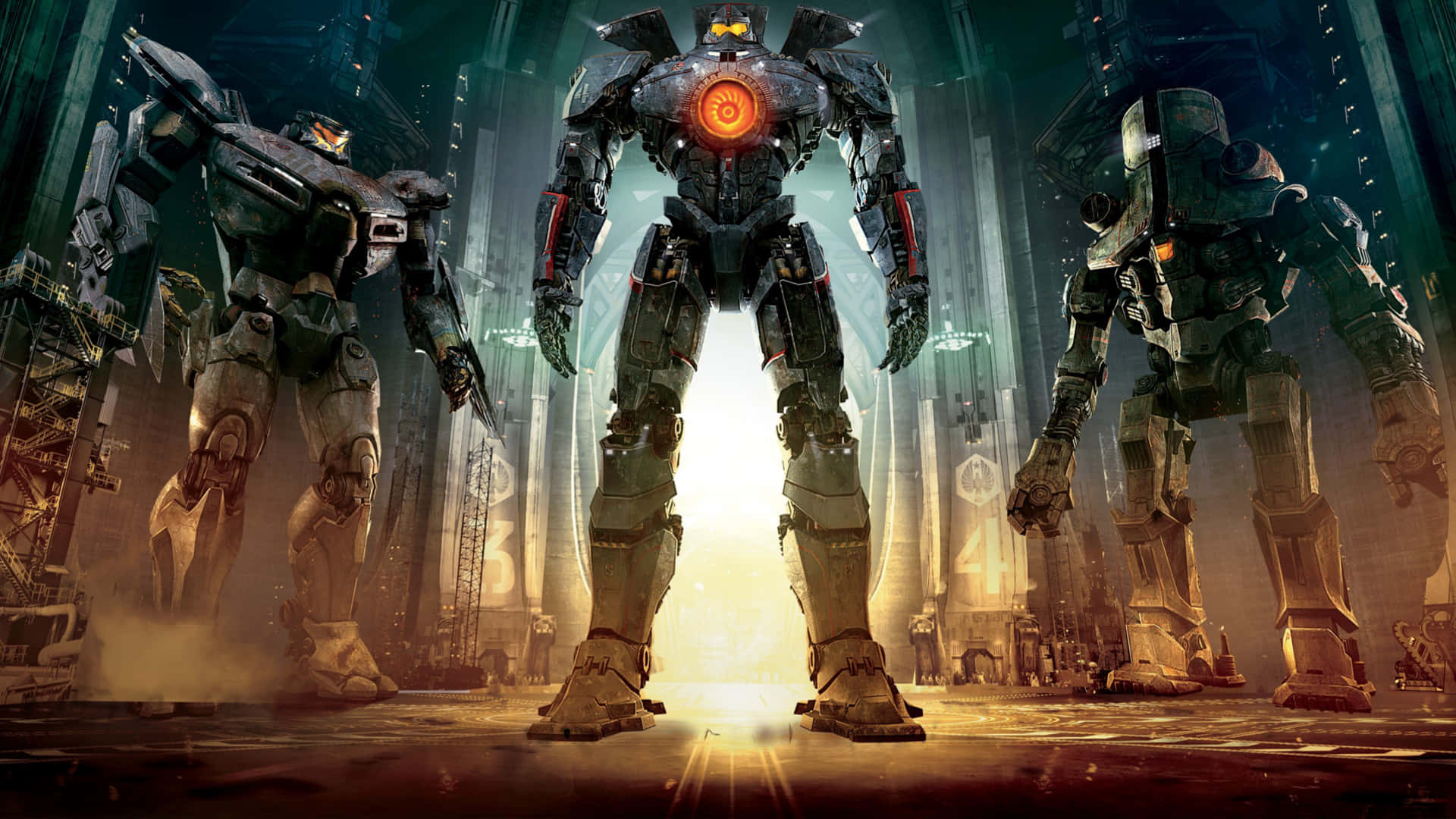 Pacific Rim Jaegers, biomechanical mechs, dim industrial hangar, Full HD Desktop Wallpaper