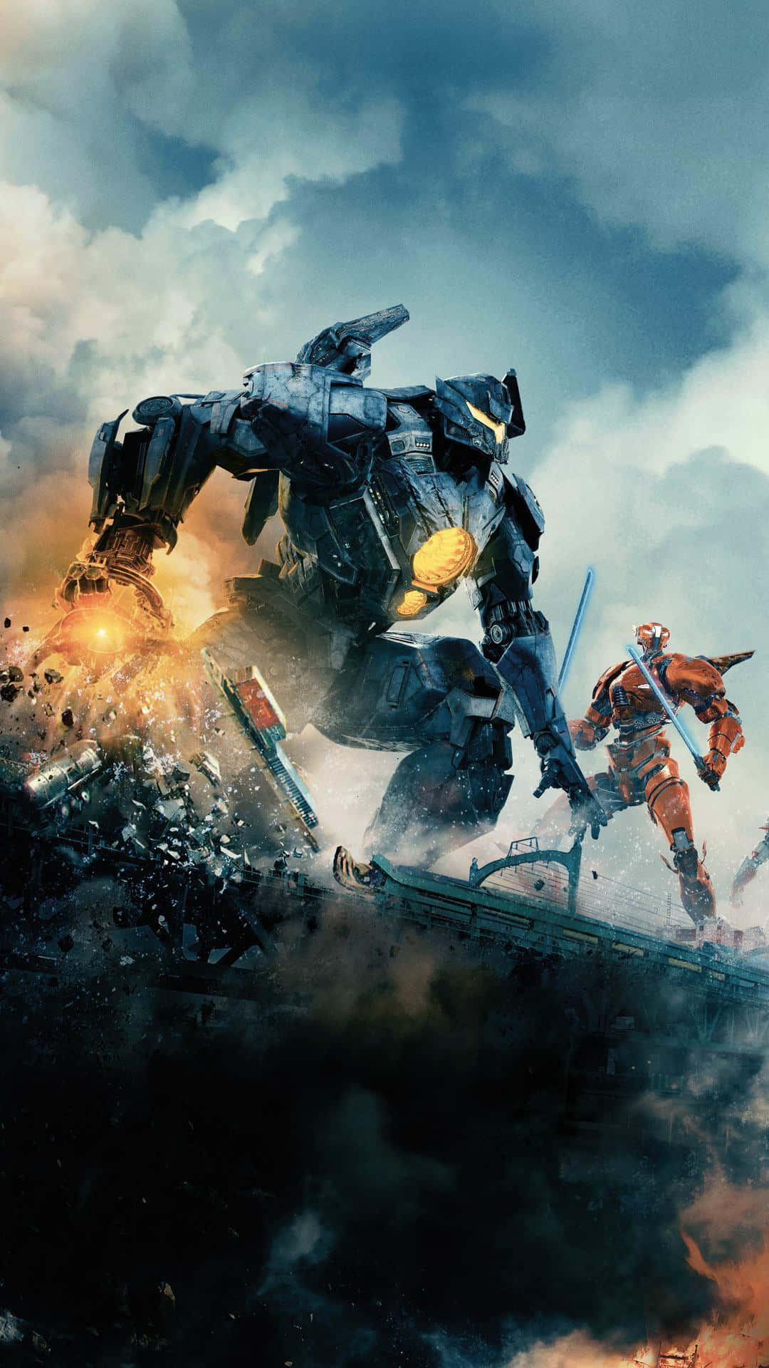 Pacific Rim, colossal dark mech, smaller orange armored warrior, Full HD Phone Wallpaper