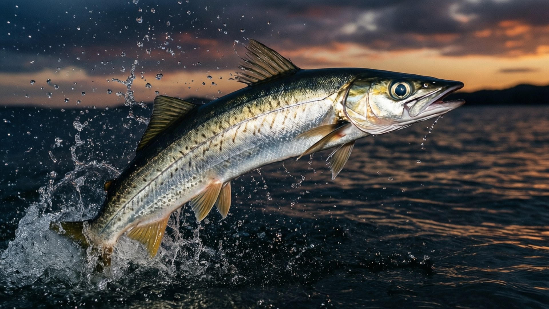 Pacific Saury, leap at dusk, fiery sunset sky, Full HD Desktop Wallpaper