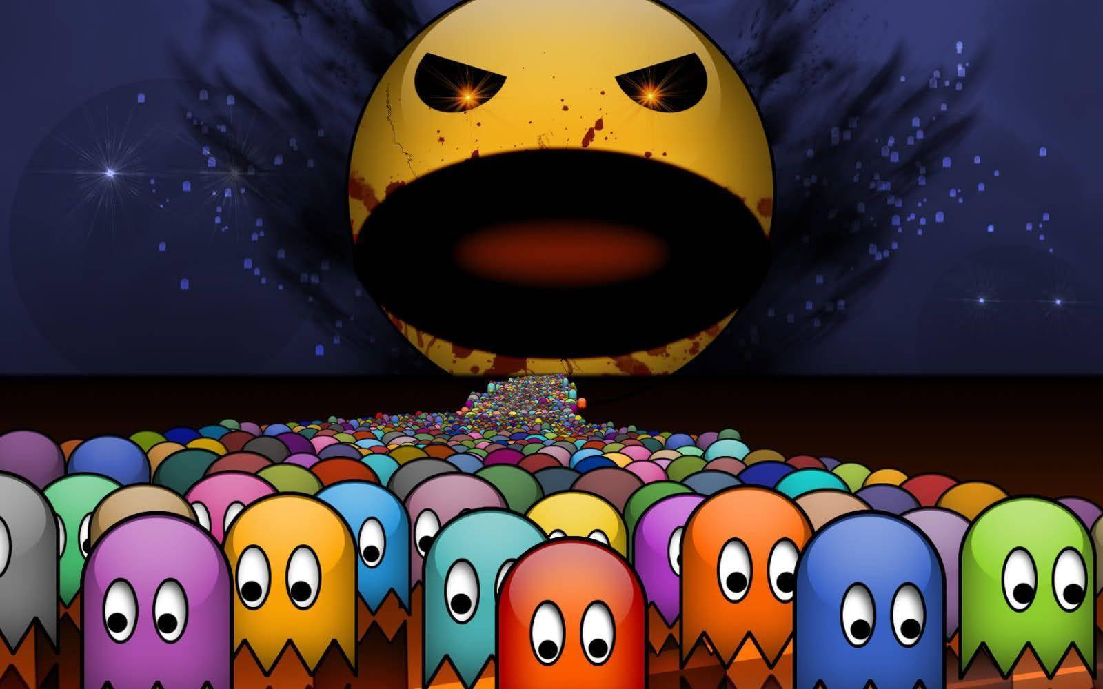 Pacman, yellow Pacman, colorful Pacman ghosts, HD Desktop Wallpaper