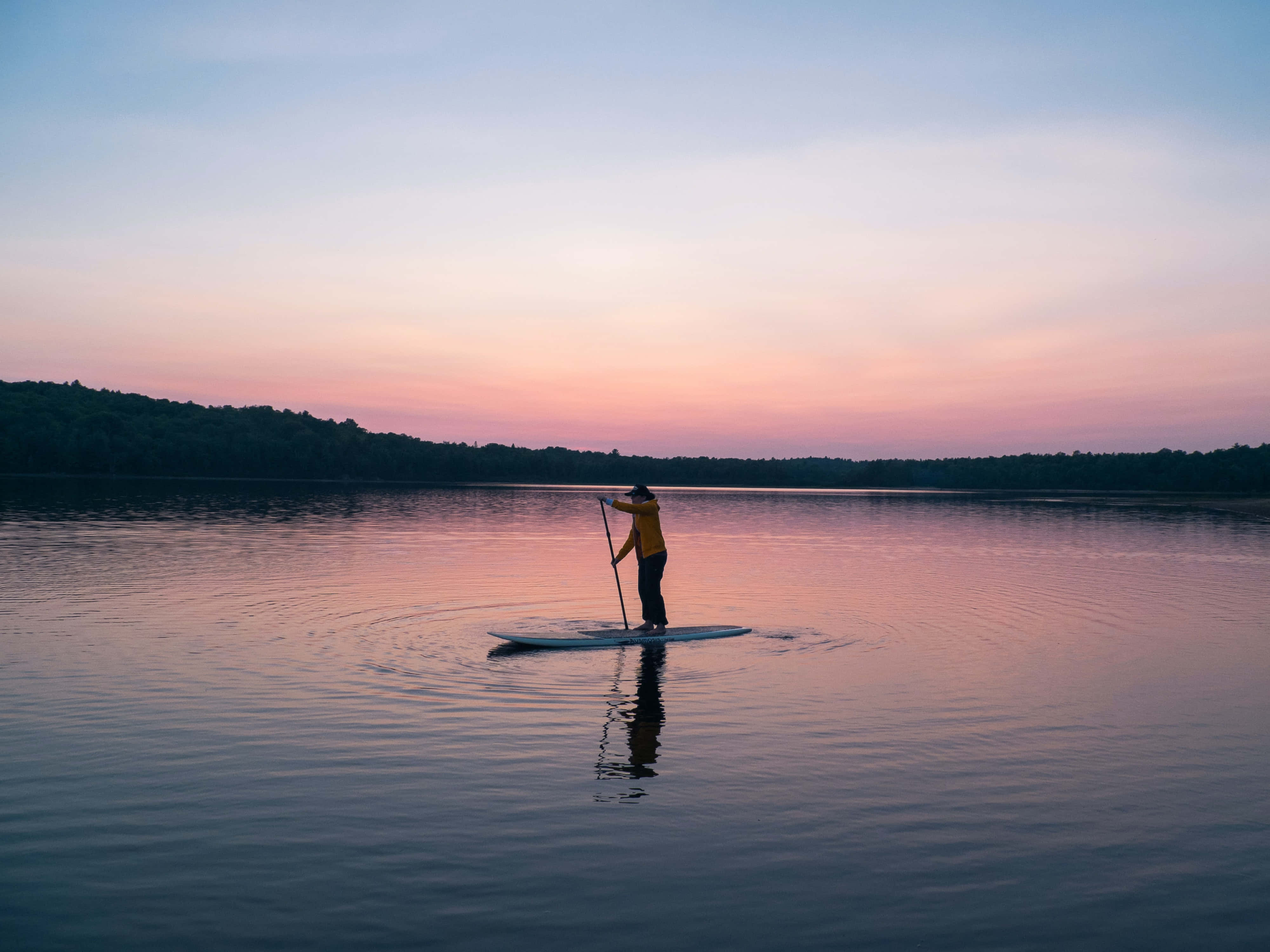 paddleboarder, tranquil lake, sunset, 4K Desktop Wallpaper