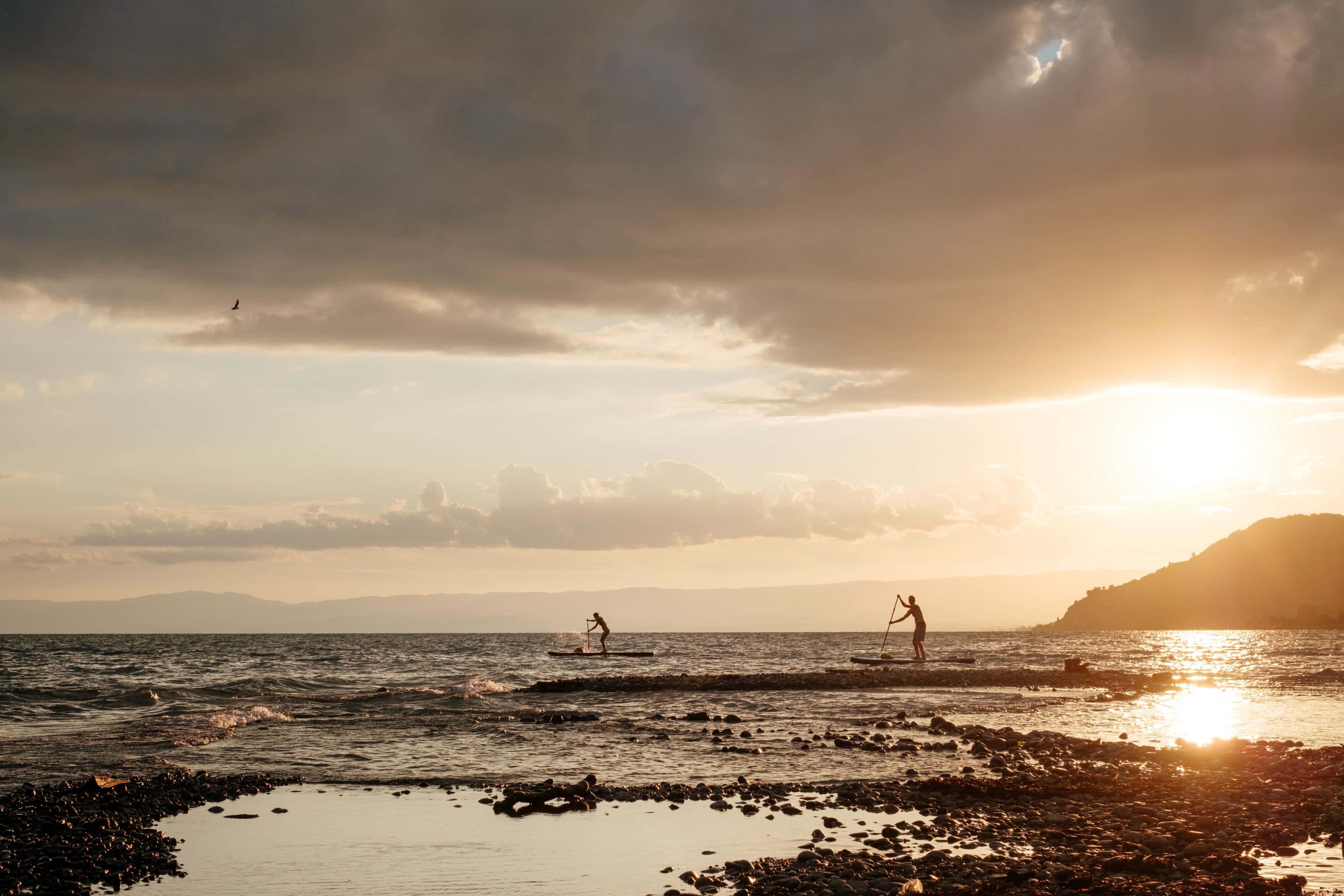 paddleboarders, calm sea, sunset, 4K Desktop Wallpaper