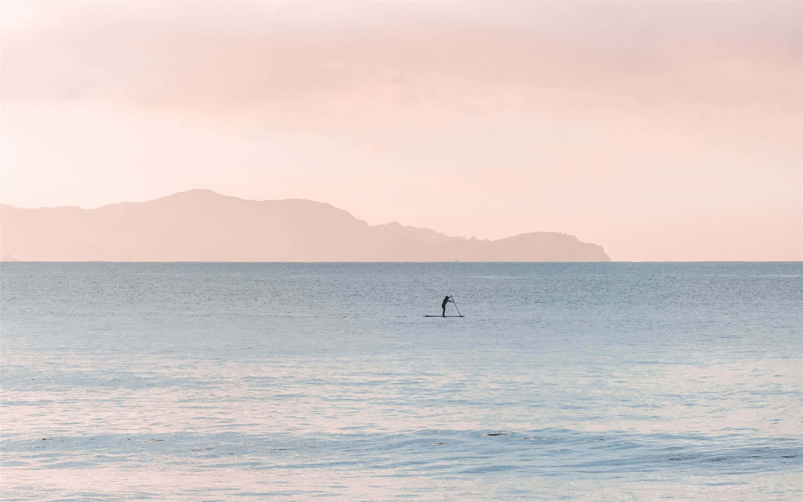 paddleboarder, calm ocean waters, dawn, 2K Desktop Wallpaper