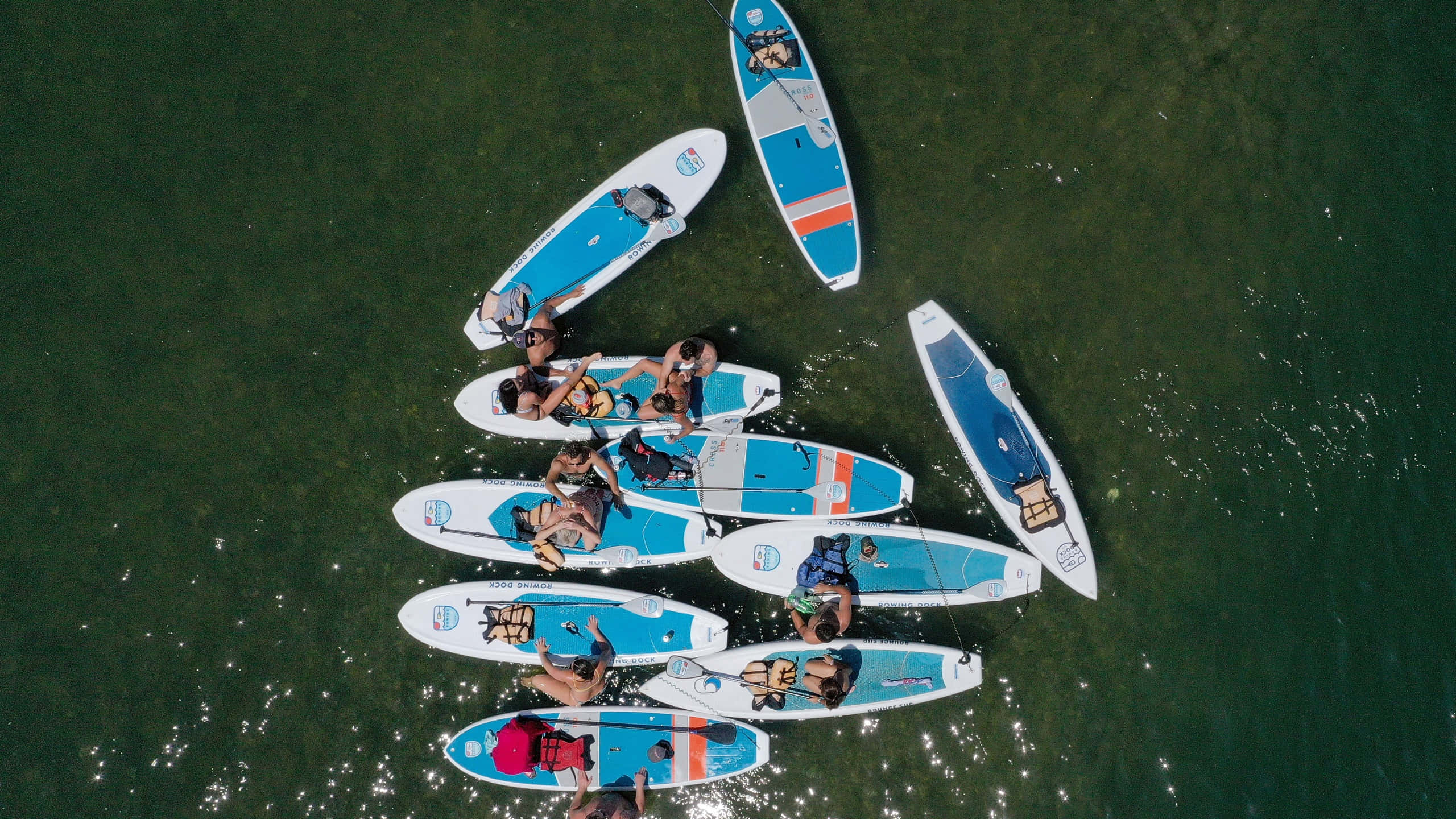 paddleboarding, aerial view, group of people, 2K Desktop Wallpaper
