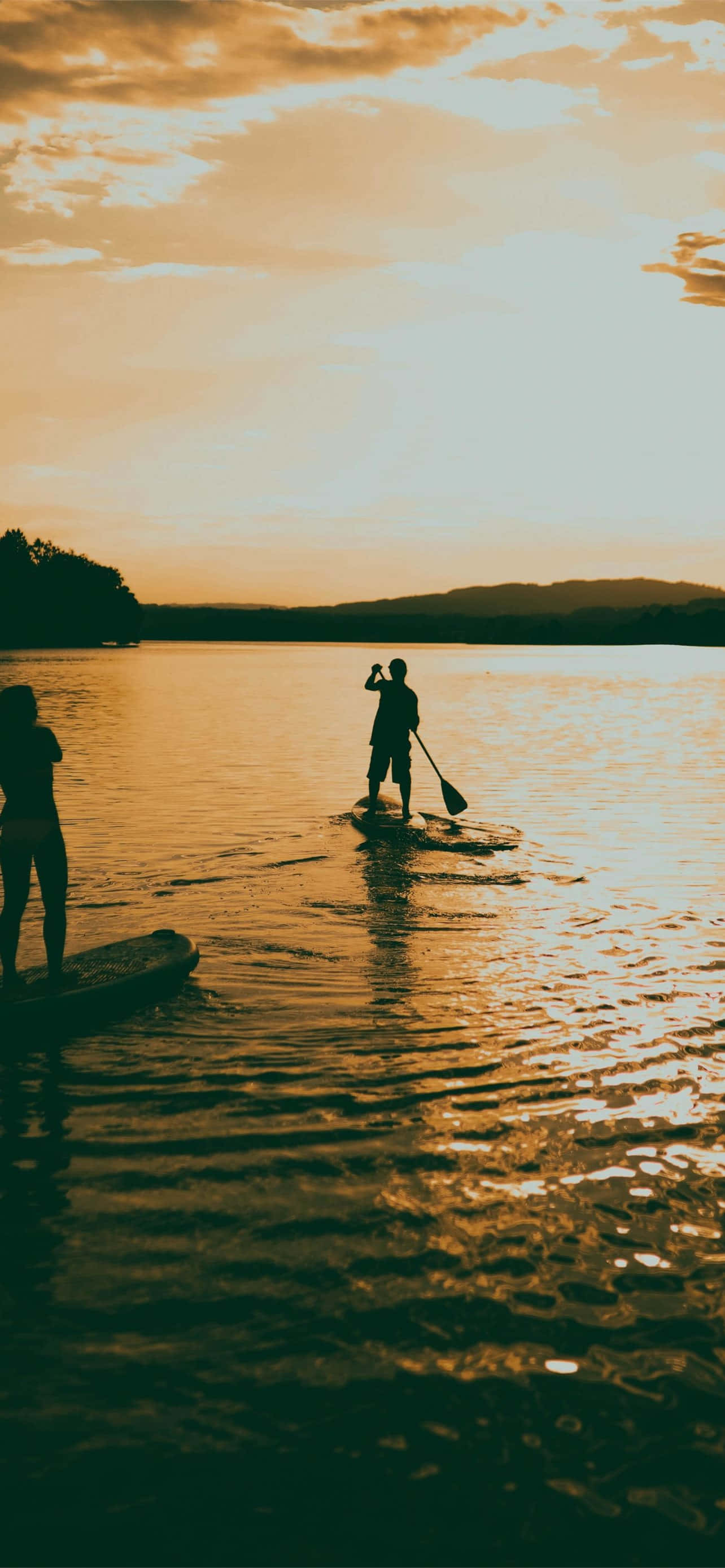 paddleboarding, calm lake, golden sunset, 2K Phone Wallpaper