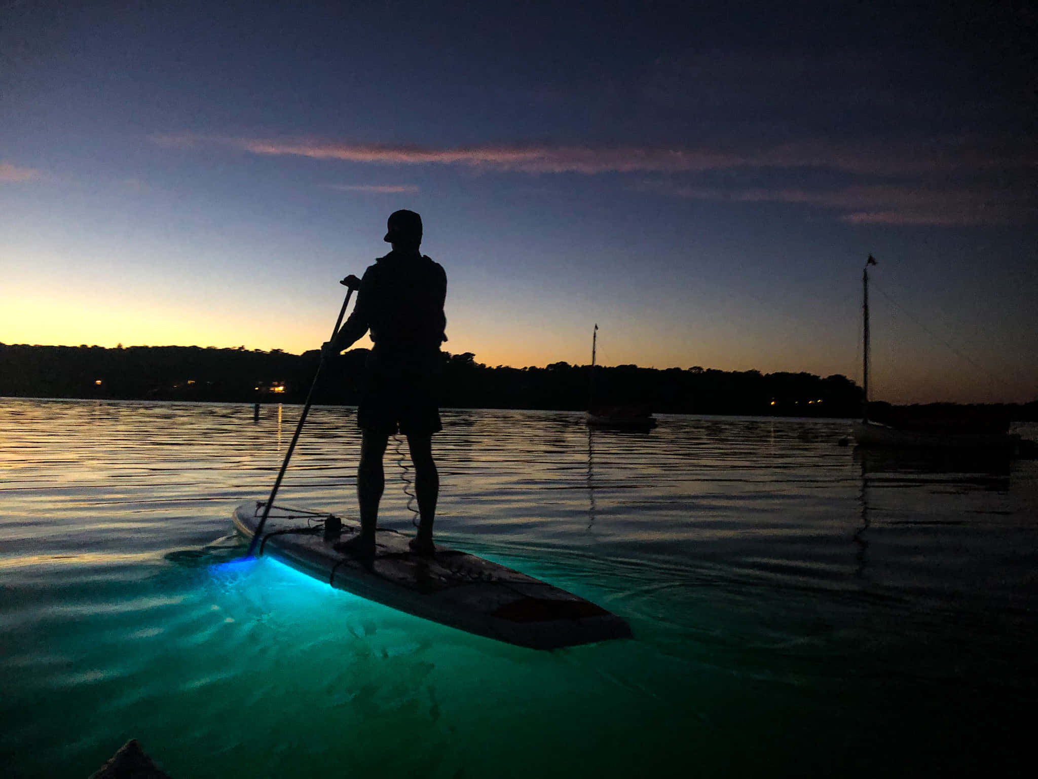 paddleboarding, twilight, glowing blue board, Full HD Desktop Wallpaper
