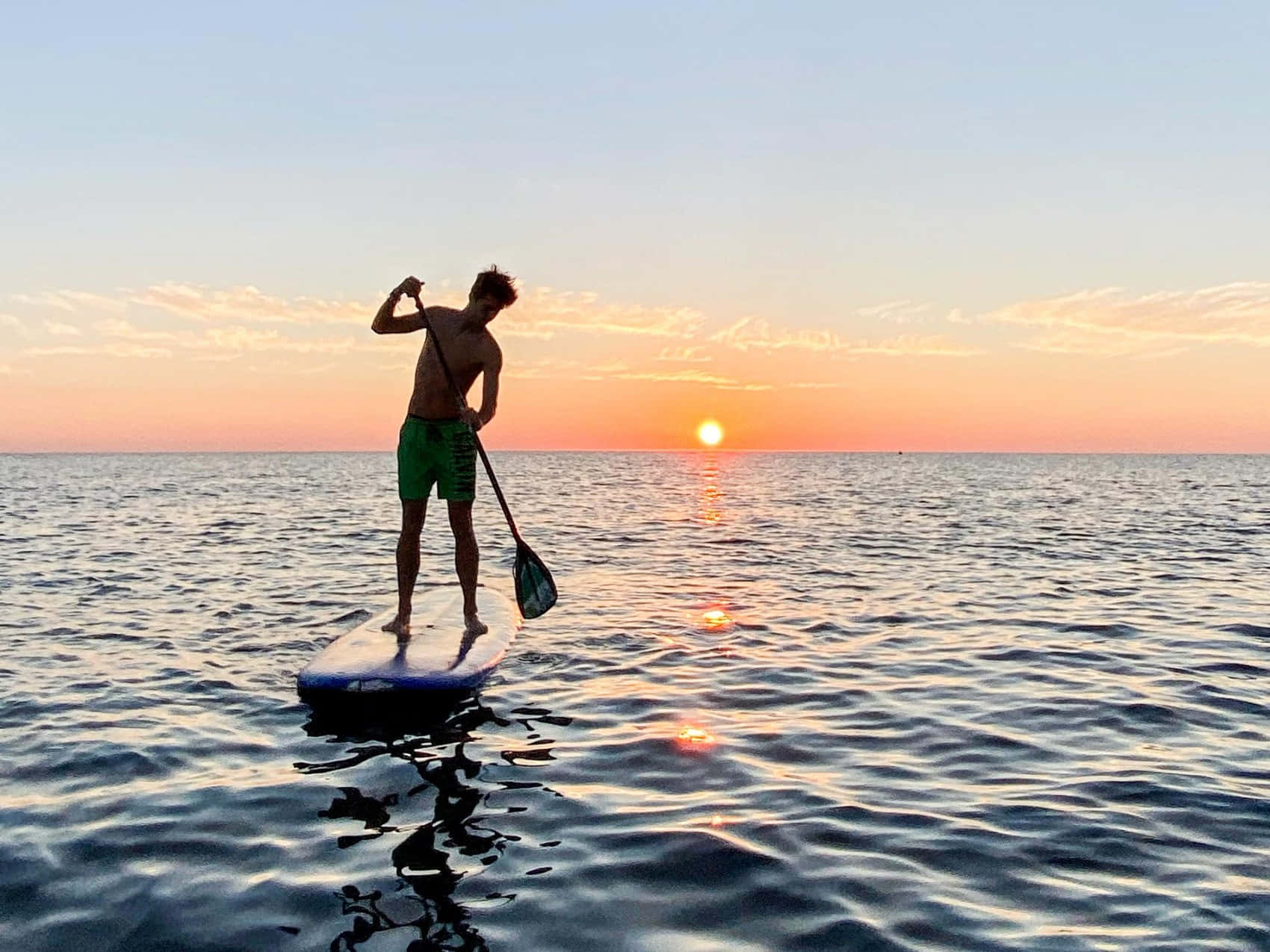paddleboarding, Sunset, calm ocean waters, HD Desktop Wallpaper