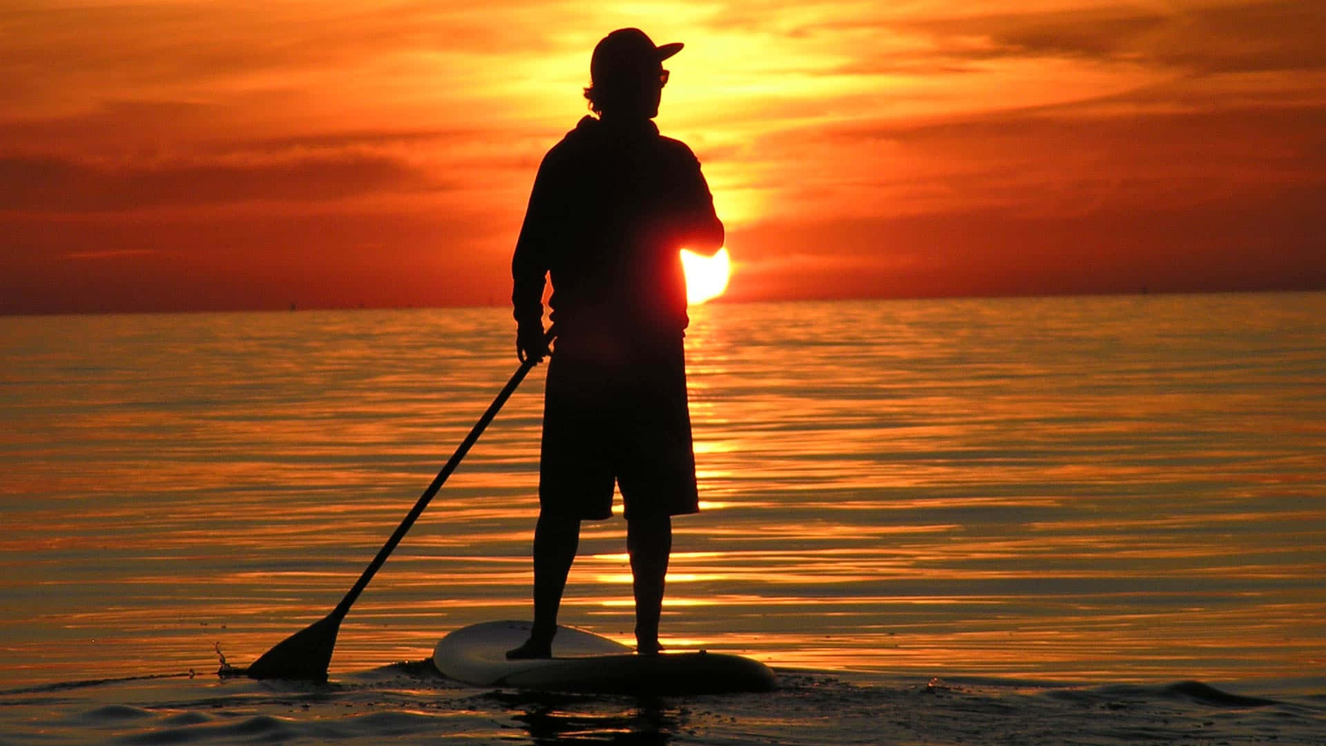 paddleboarding, sunset, fiery orange sky, Full HD Desktop Wallpaper