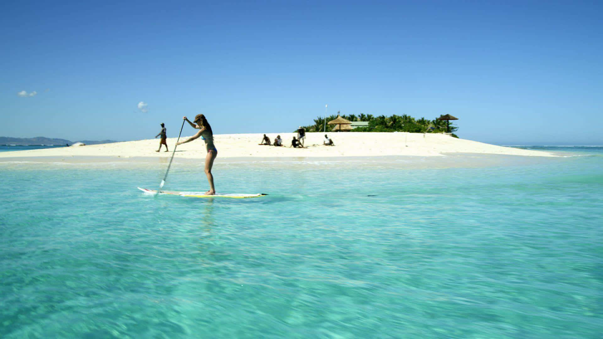 paddleboarding, crystal clear turquoise water, white sandy island, Full HD Desktop Wallpaper