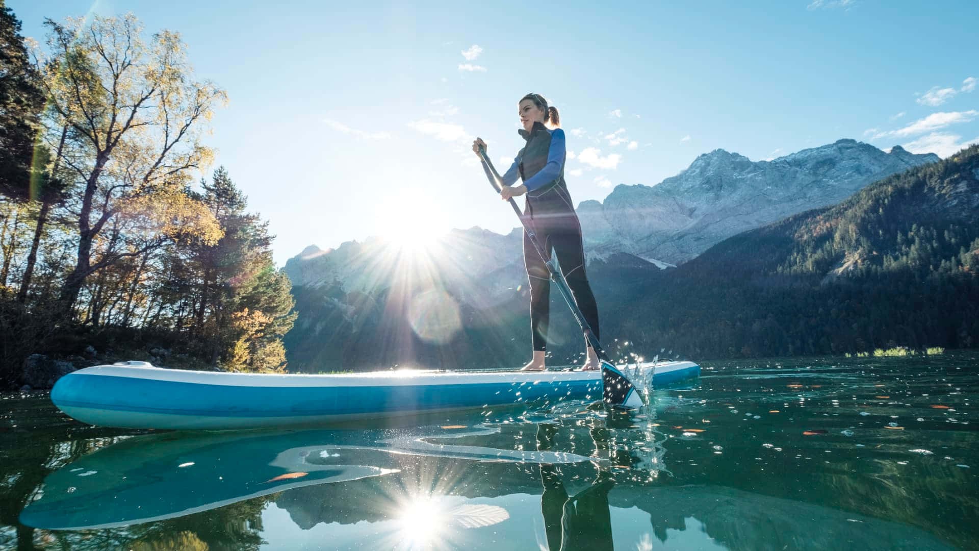paddleboarder, calm mountain lake, sun flares, Full HD Desktop Wallpaper