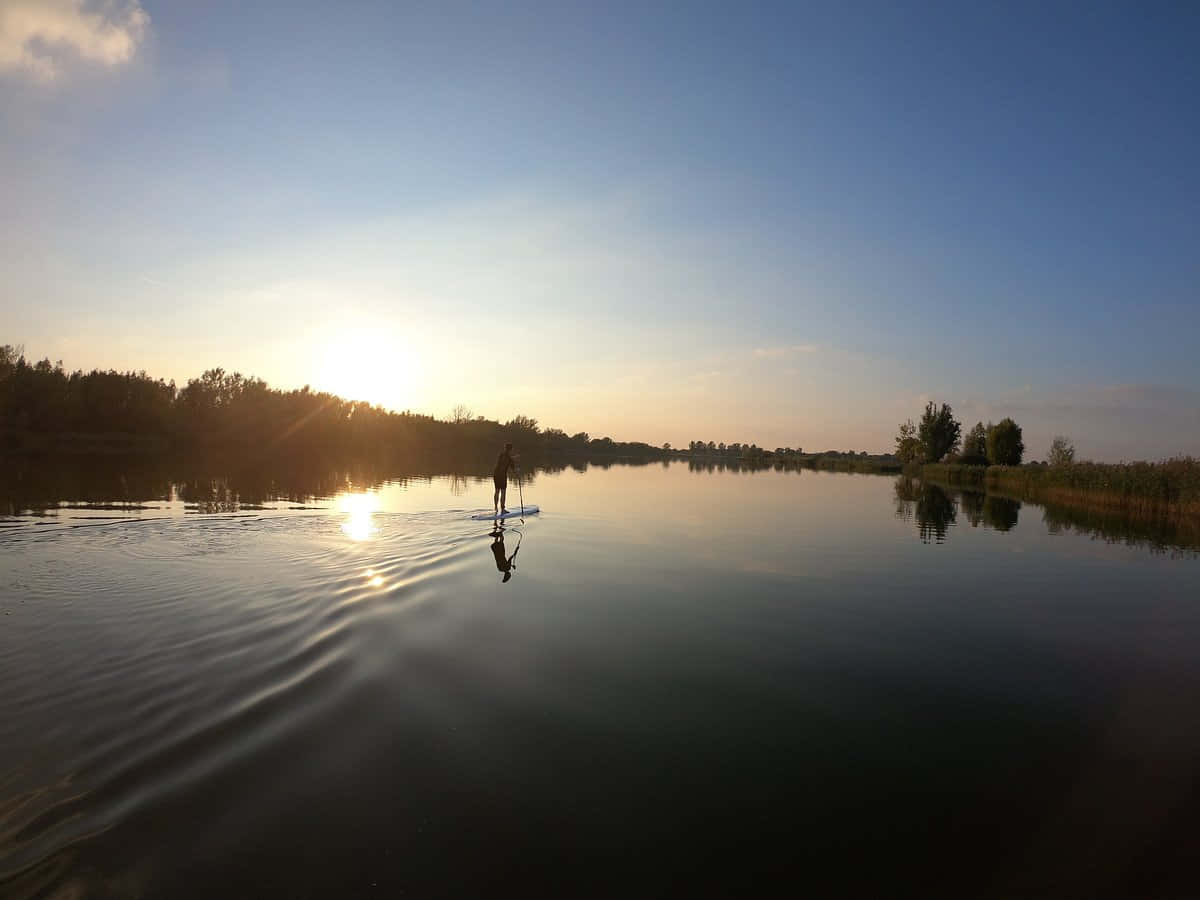 sunset, paddleboarder, lake, SD Desktop Wallpaper