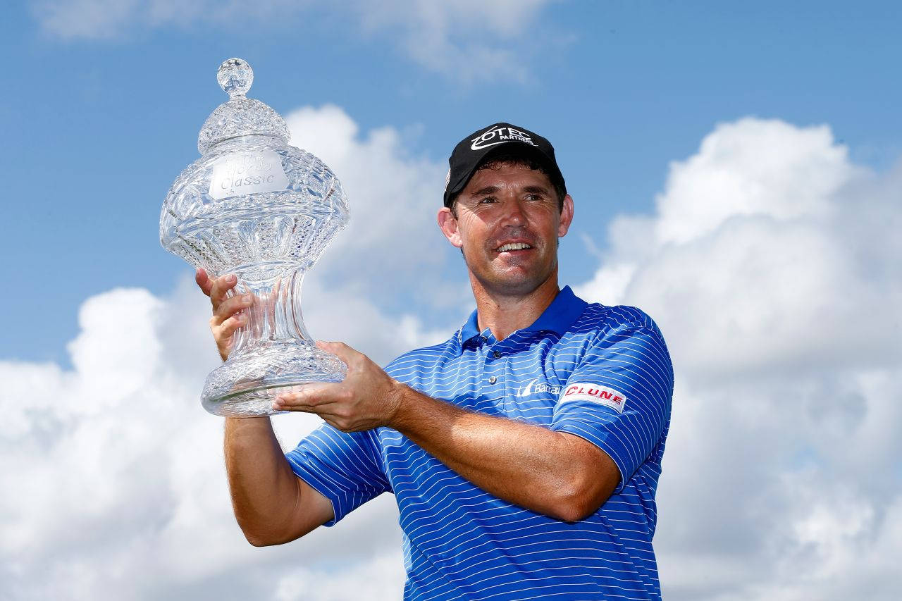 Padraig Harrington, blue striped shirt, large ornate crystal trophy, HD Desktop Wallpaper