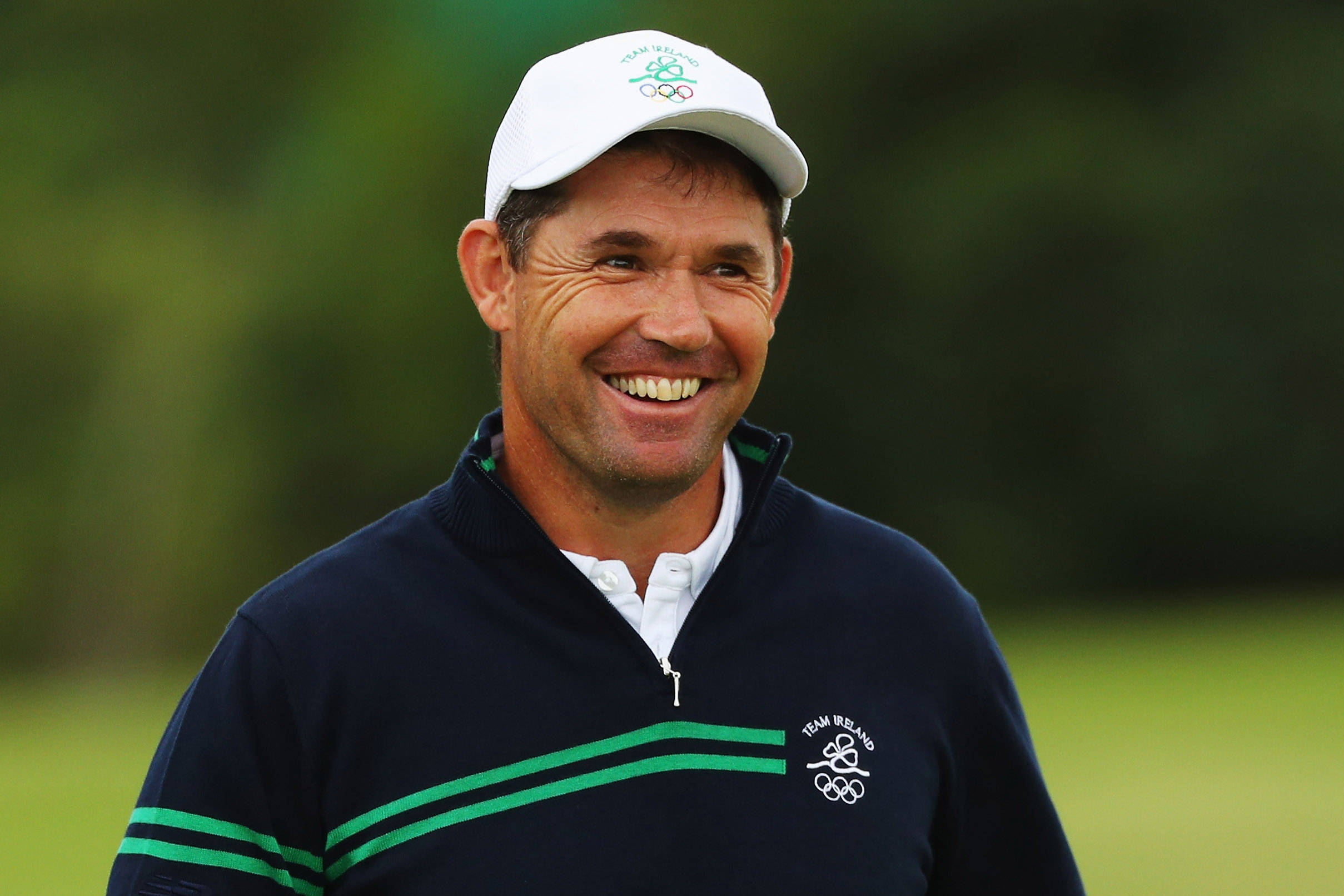Padraig Harrington, white cap, navy green striped polo shirt, Full HD Desktop Wallpaper