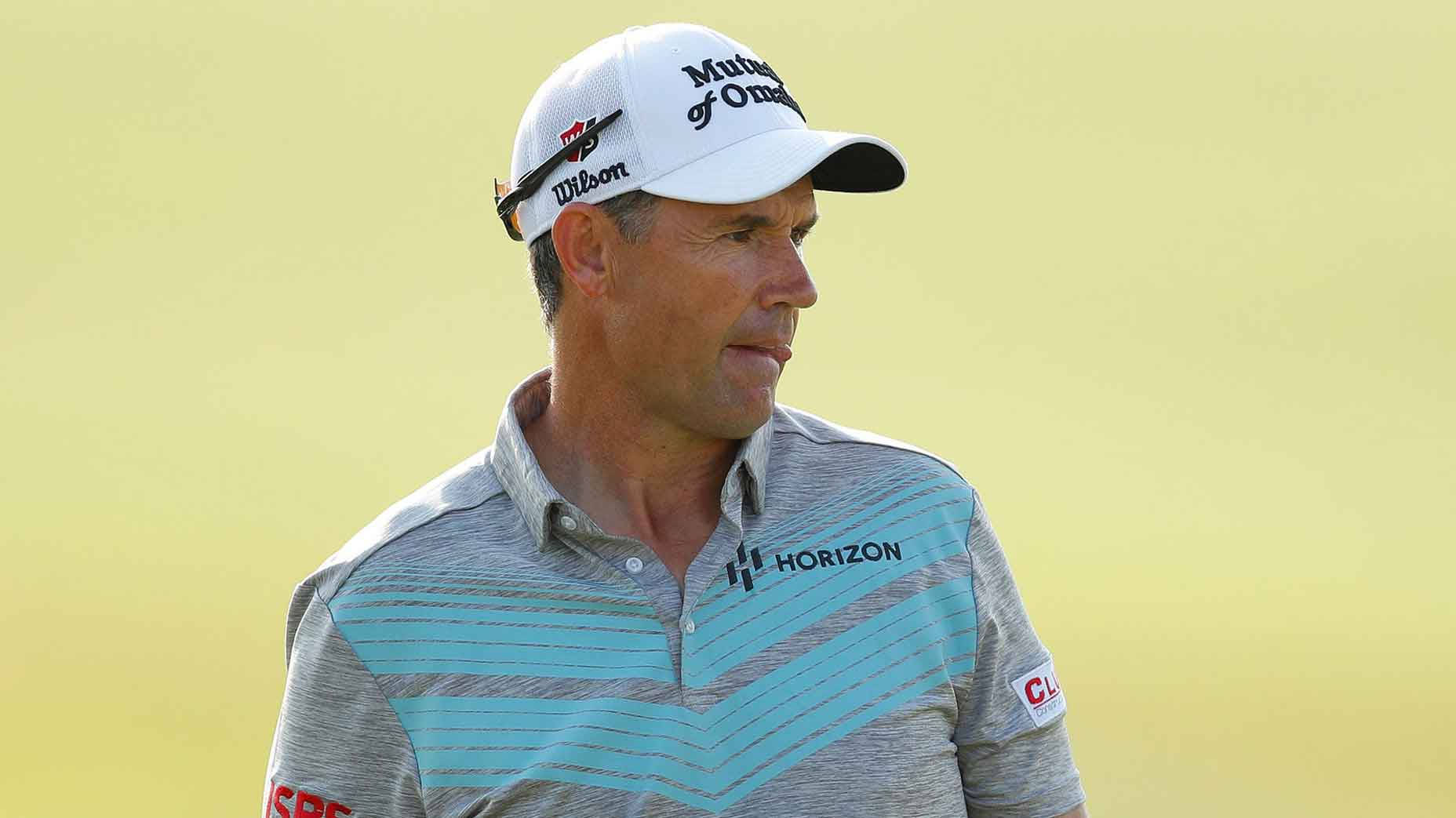 Padraig Harrington, white cap, gray blue striped polo, HD Desktop Wallpaper