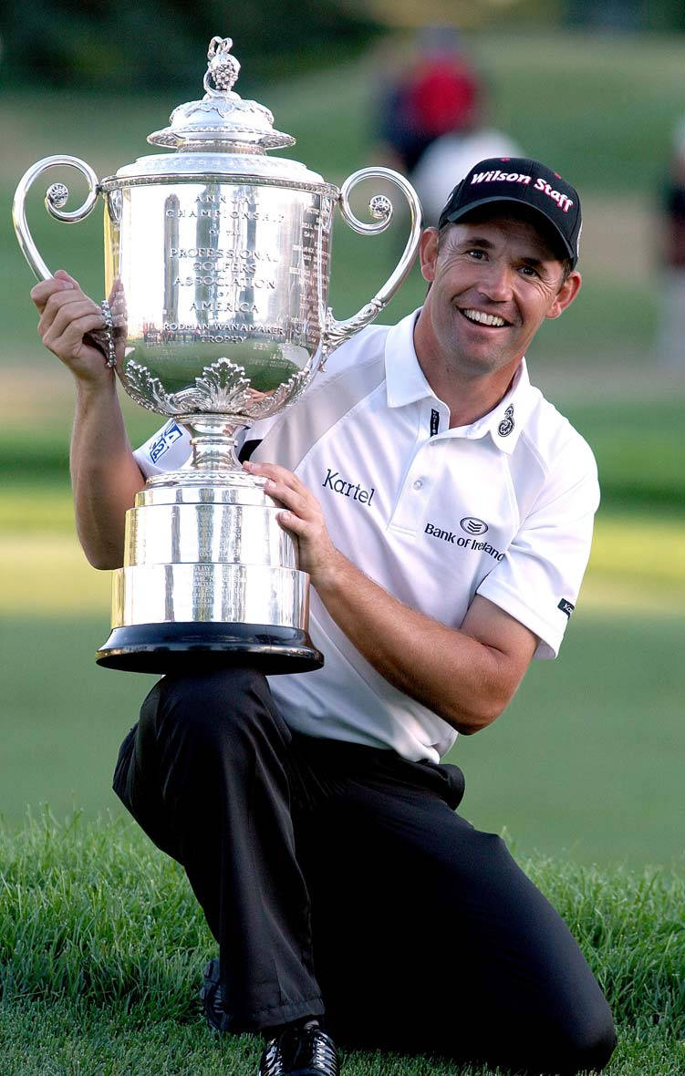Padraig Harrington, silver trophy, green golf course, SD Phone Wallpaper
