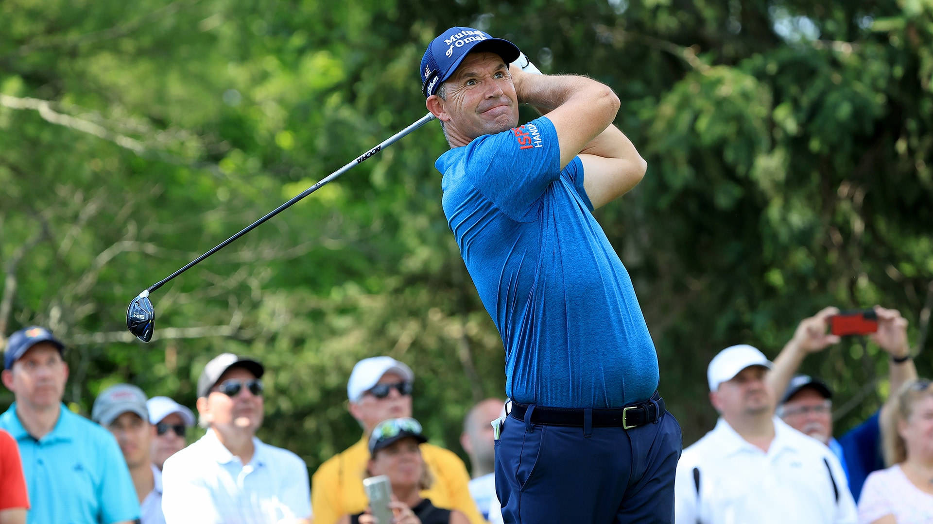 Padraig Harrington, blue shirt, swinging, Full HD Desktop Wallpaper