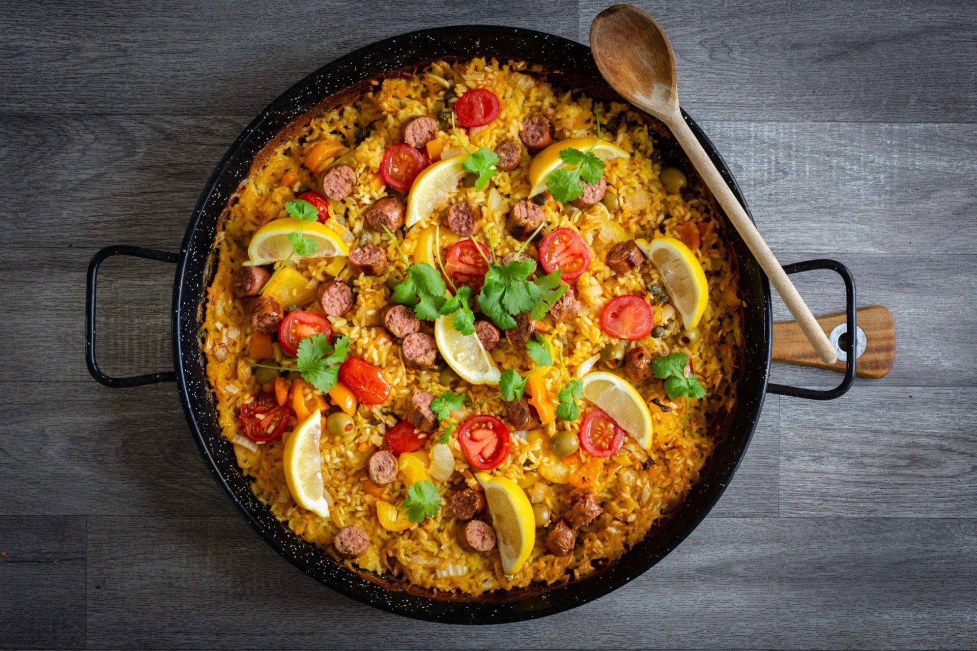 paella, black pan, lemon slices, Full HD Desktop Wallpaper