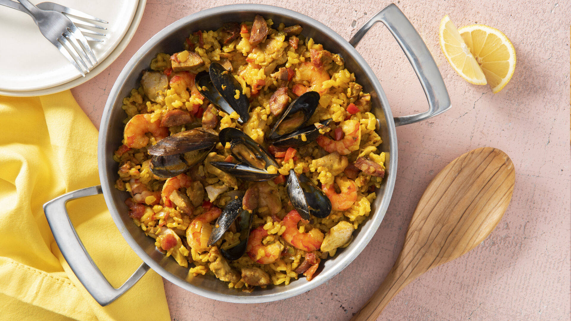 paella, black mussels, metal pan, Full HD Desktop Wallpaper