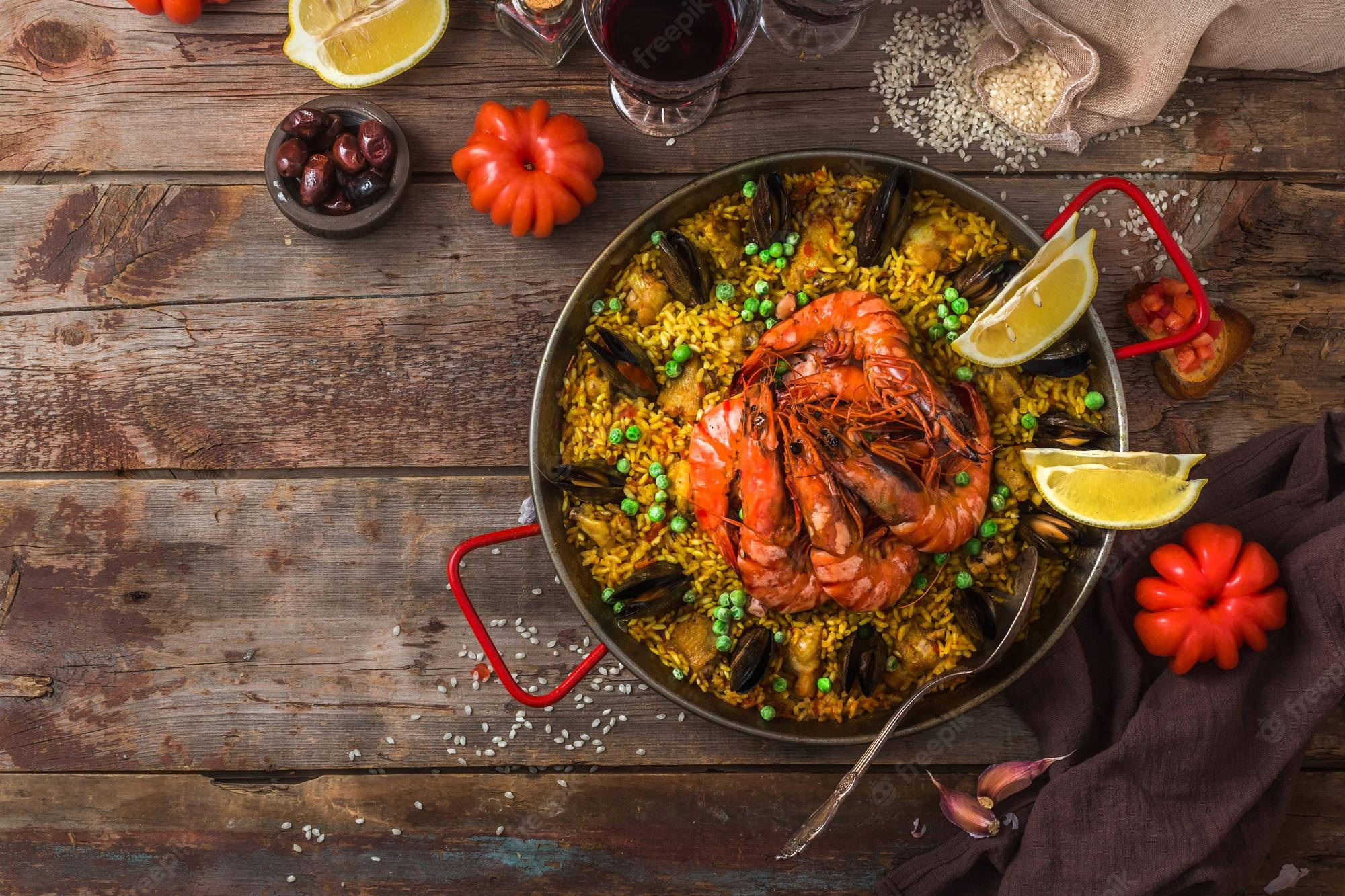 seafood paella, shrimp, mussels, Full HD Desktop Wallpaper