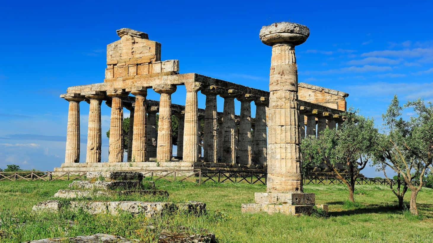Paestum, tall single column, ancient Greek temple ruins, HD Desktop Wallpaper