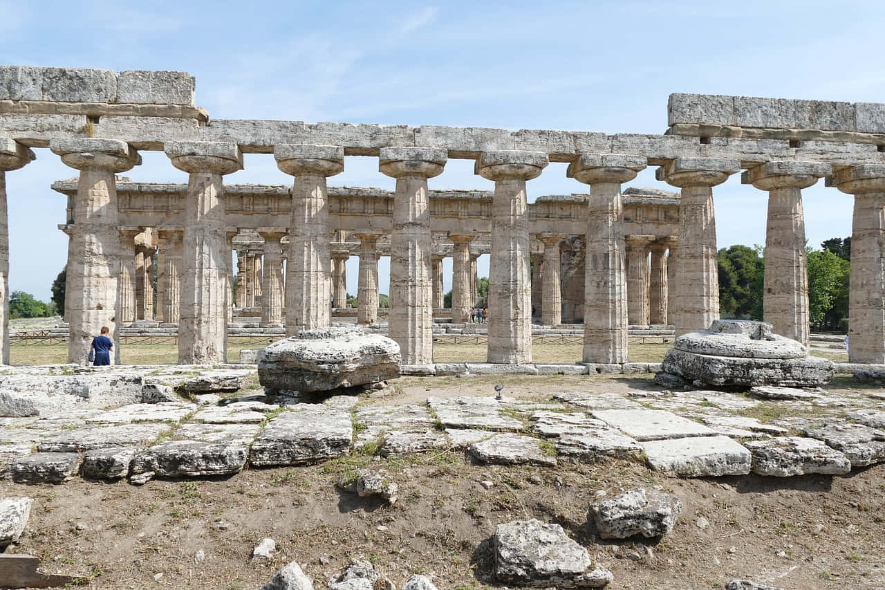 Paestum, ancient stone temple ruins, towering columns, HD Desktop Wallpaper
