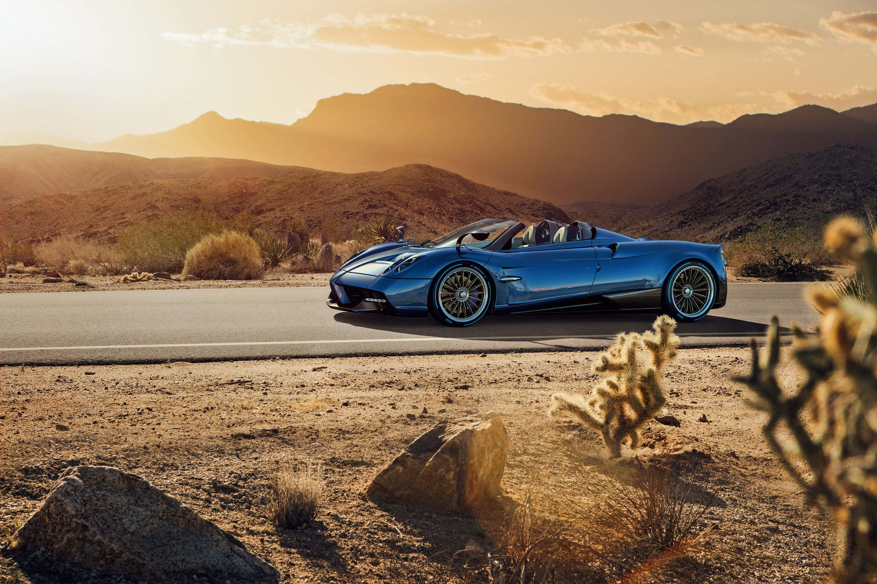 Pagani Huayra BC, blue, desert road, 2K Desktop Wallpaper