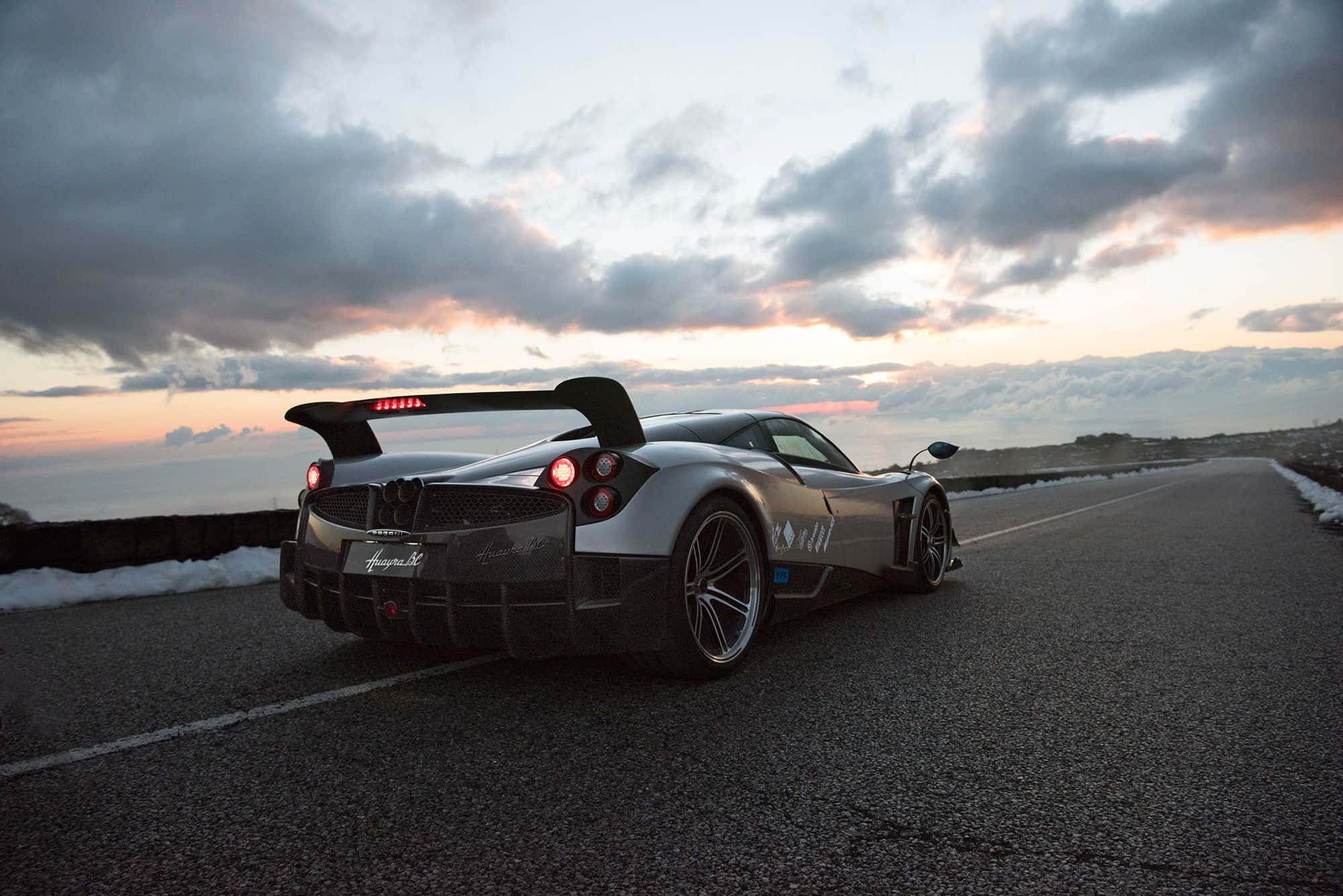 Pagani Huayra BC, silver, glowing red taillights, Full HD Desktop Wallpaper