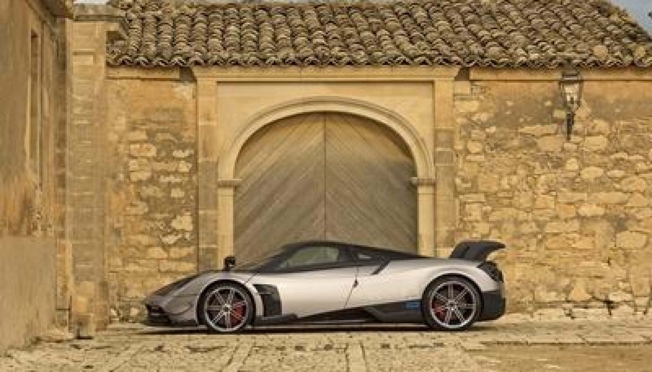 Pagani Huayra BC, silver, rustic stone building, Full HD Desktop Wallpaper
