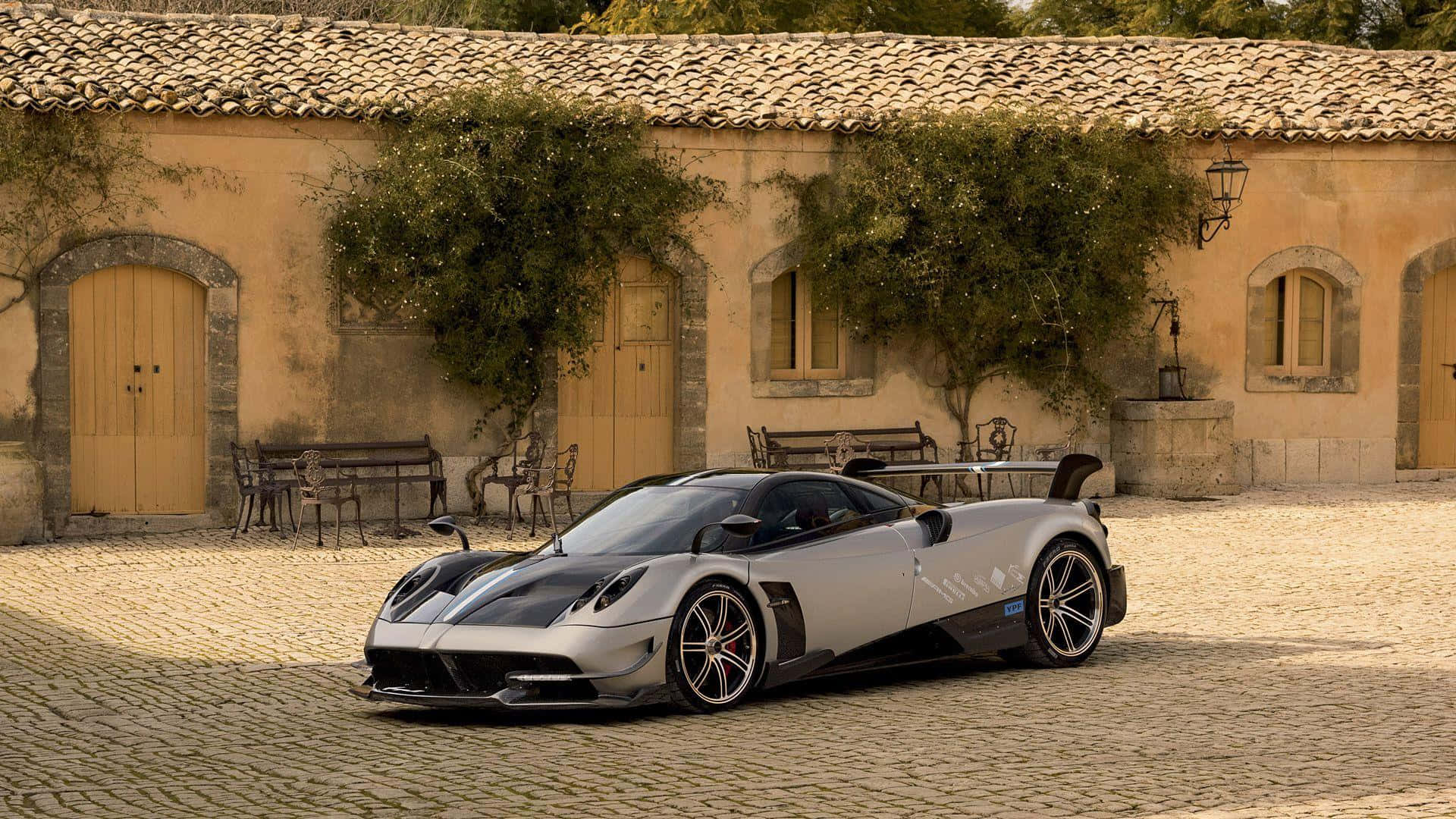 Pagani Huayra BC, silver, sunlit cobblestone courtyard, Full HD Desktop Wallpaper