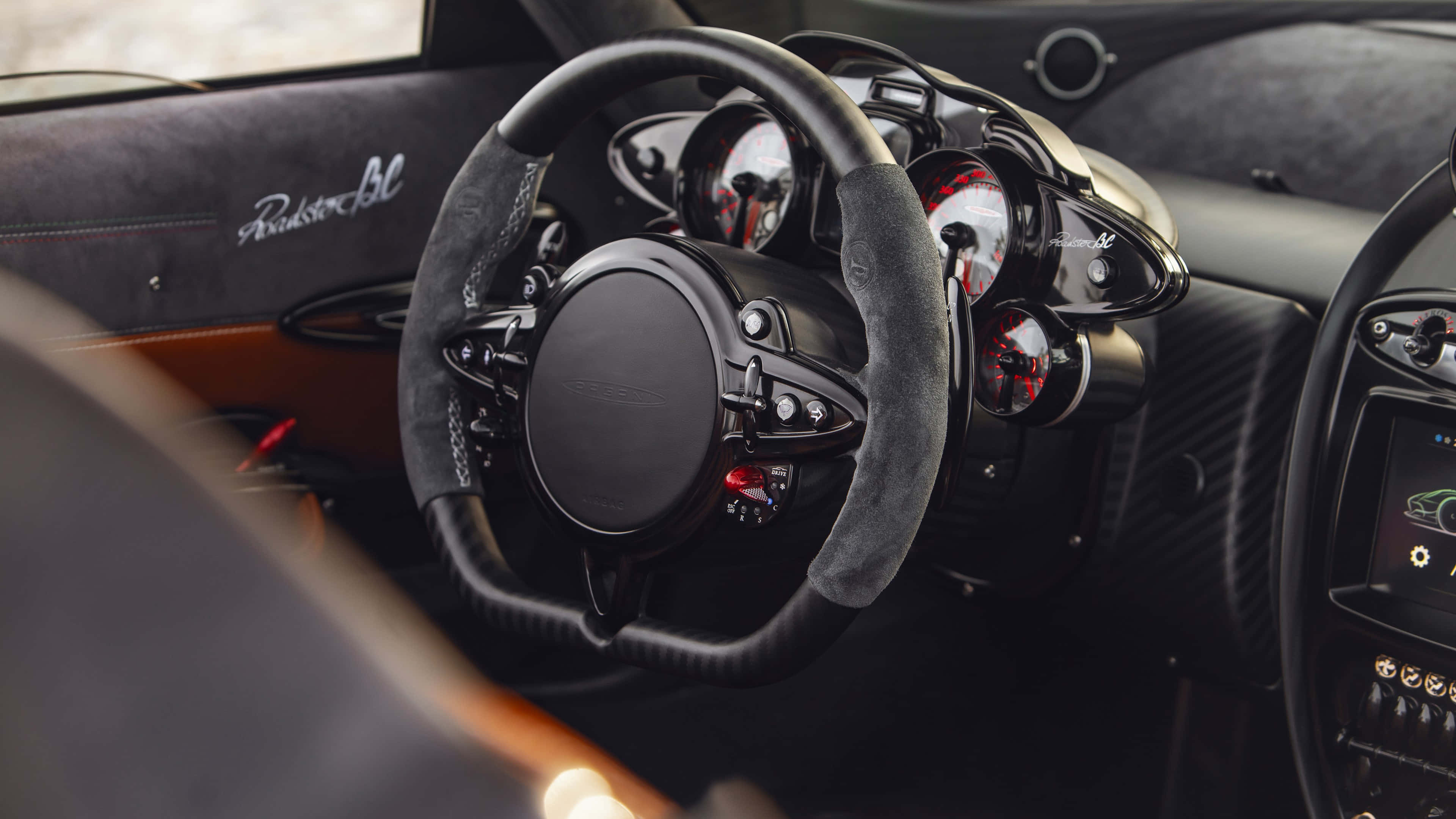 Pagani Huayra Roadster BC, suede-wrapped steering wheel, analog gauges, 4K Desktop Wallpaper
