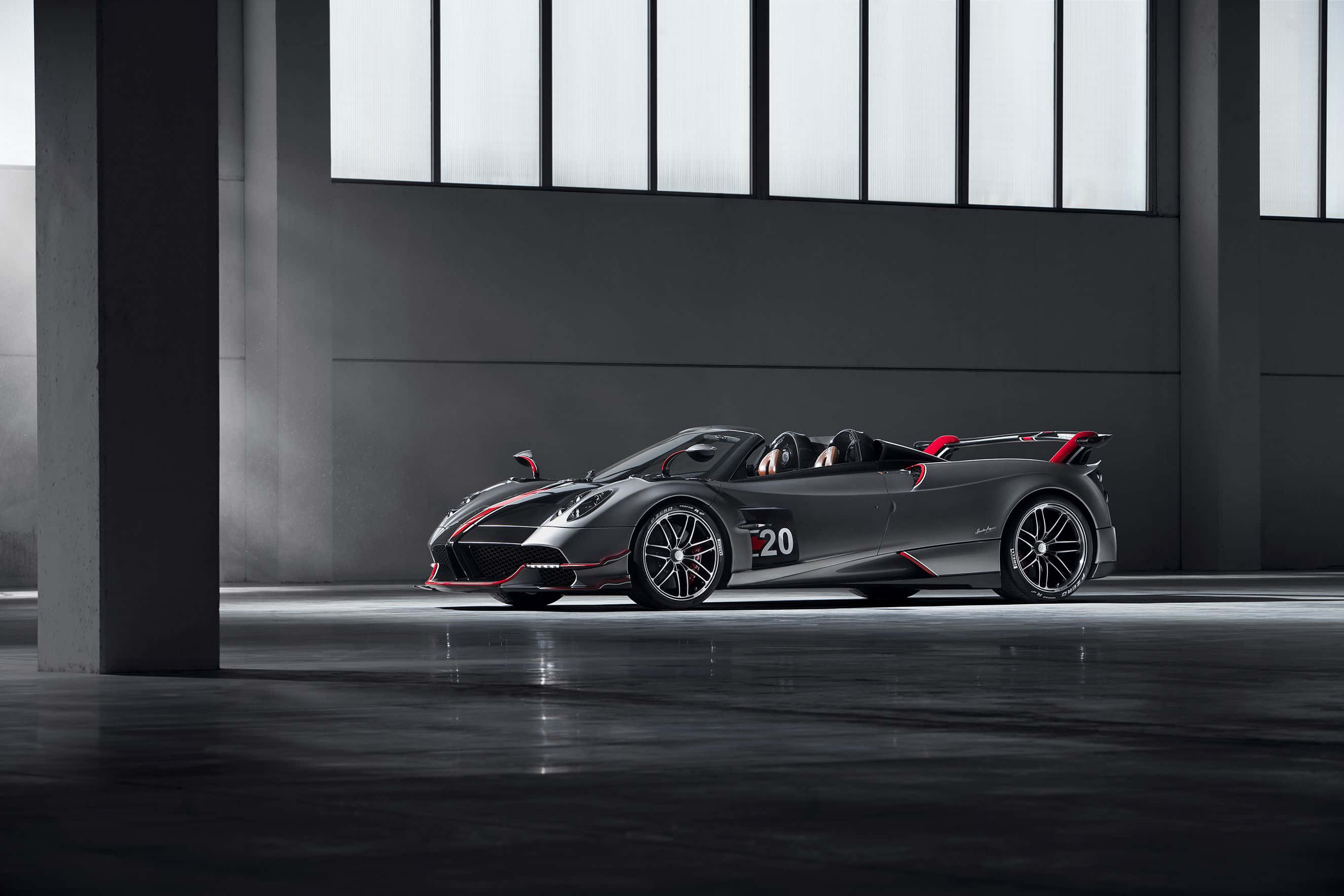 Pagani Huayra Roadster BC, matte black, red accents, 2K Desktop Wallpaper