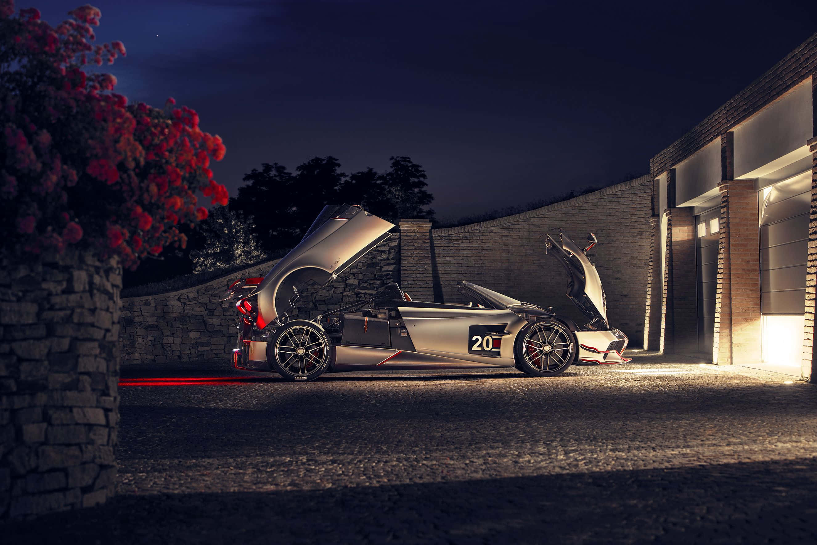 Pagani Huayra Roadster BC, silver, night lights, 2K Desktop Wallpaper