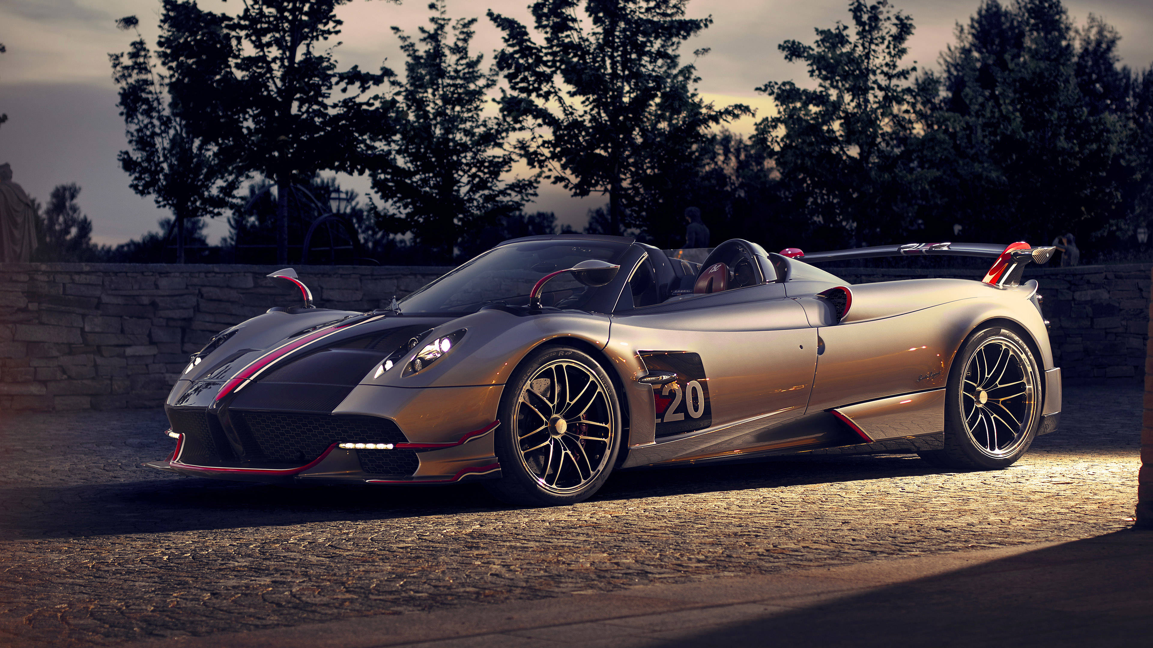 Pagani Huayra BC Roadster, silver, red accents, 4K Desktop Wallpaper