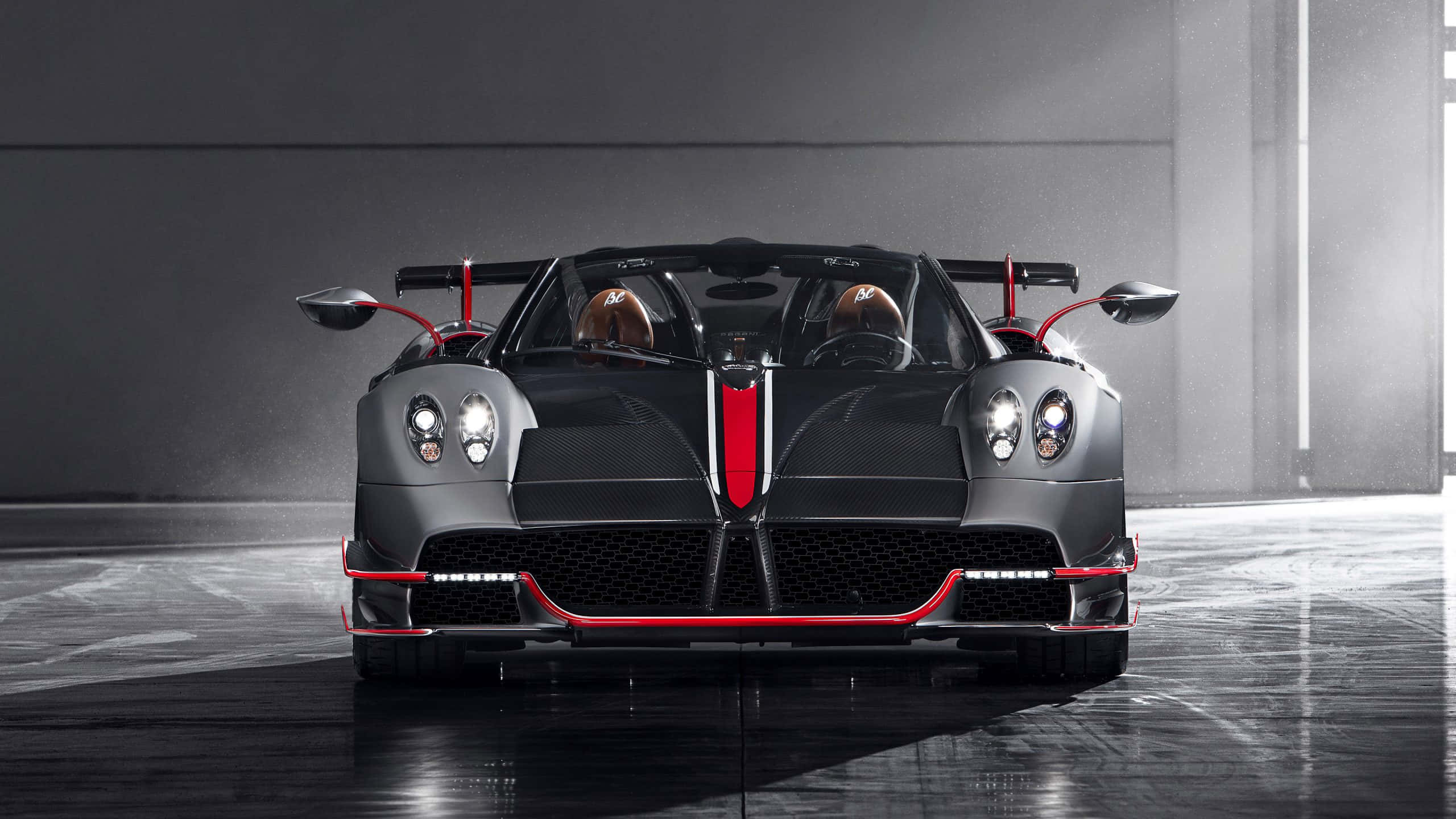 Pagani Huayra Roadster BC, matte black, red accents, 2K Desktop Wallpaper