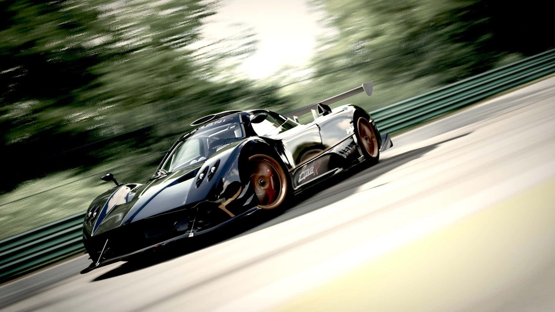 Pagani Huayra, black, sunlit racetrack, Full HD Desktop Wallpaper