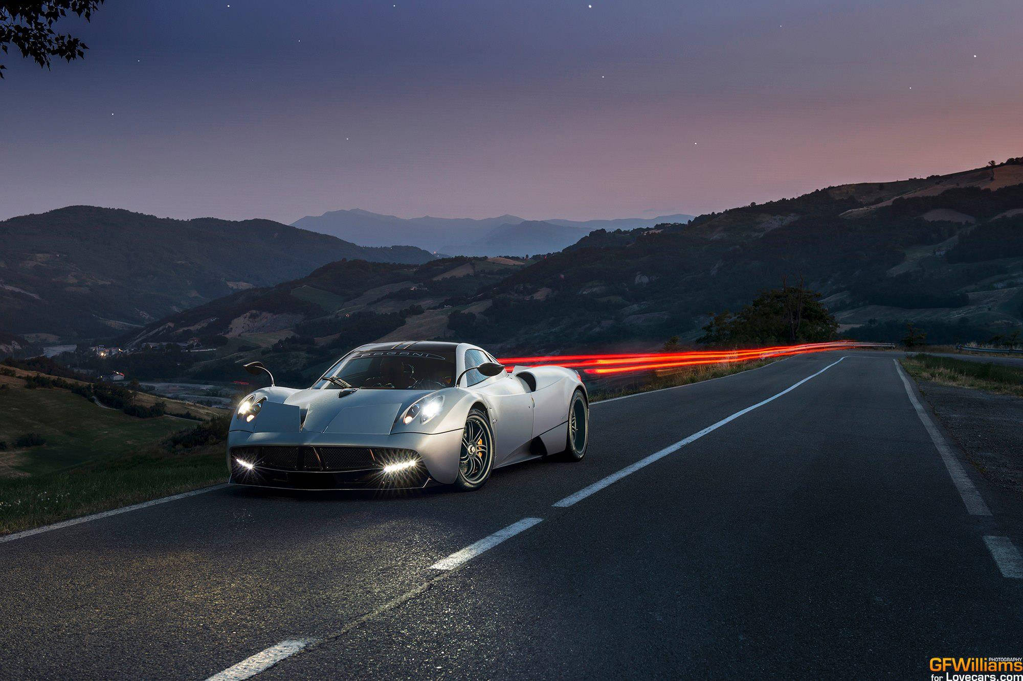 Pagani Huayra, mountain road, twilight, Full HD Desktop Wallpaper