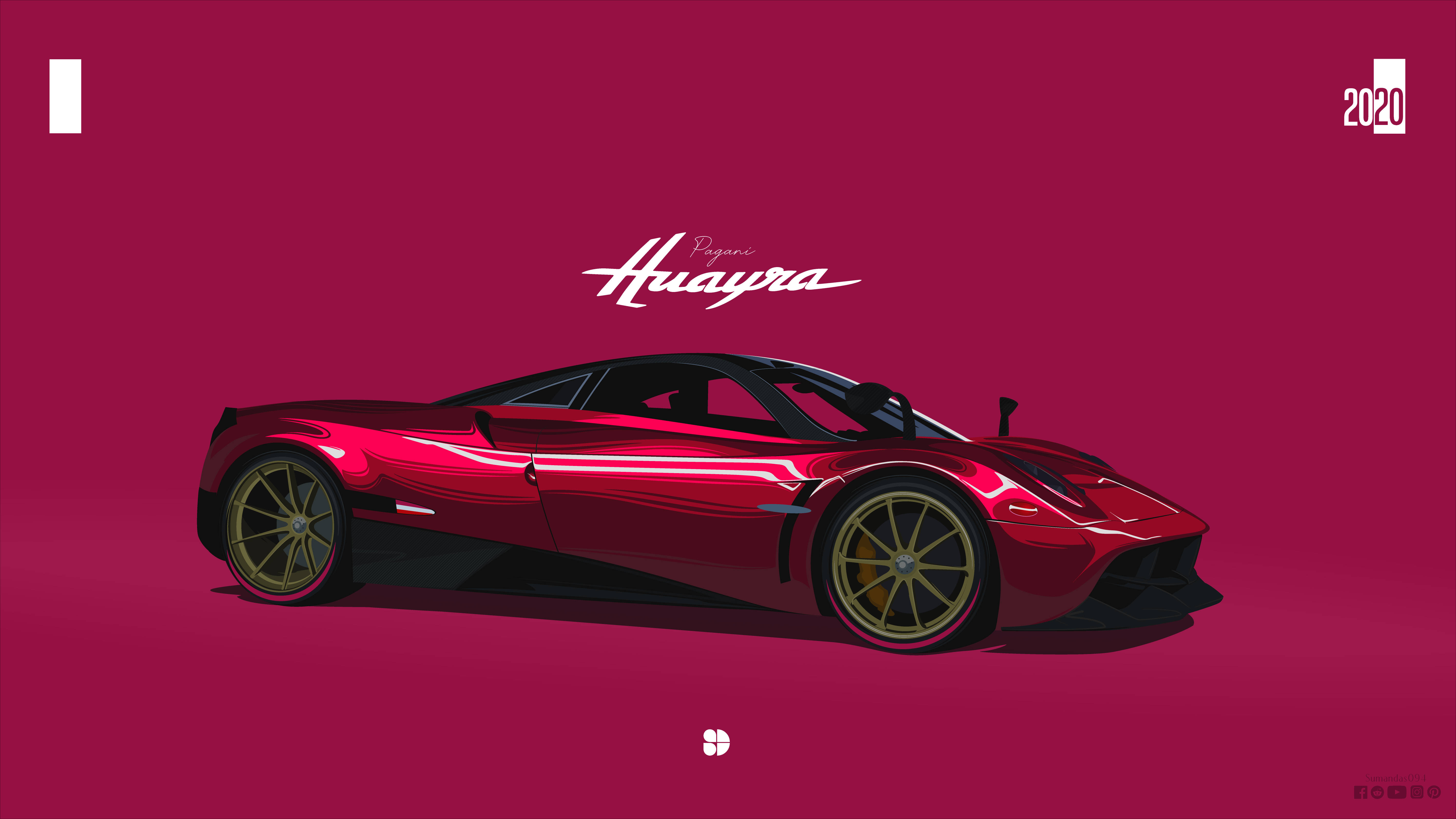 Pagani Huayra, red, gold rims, 5K Desktop Wallpaper