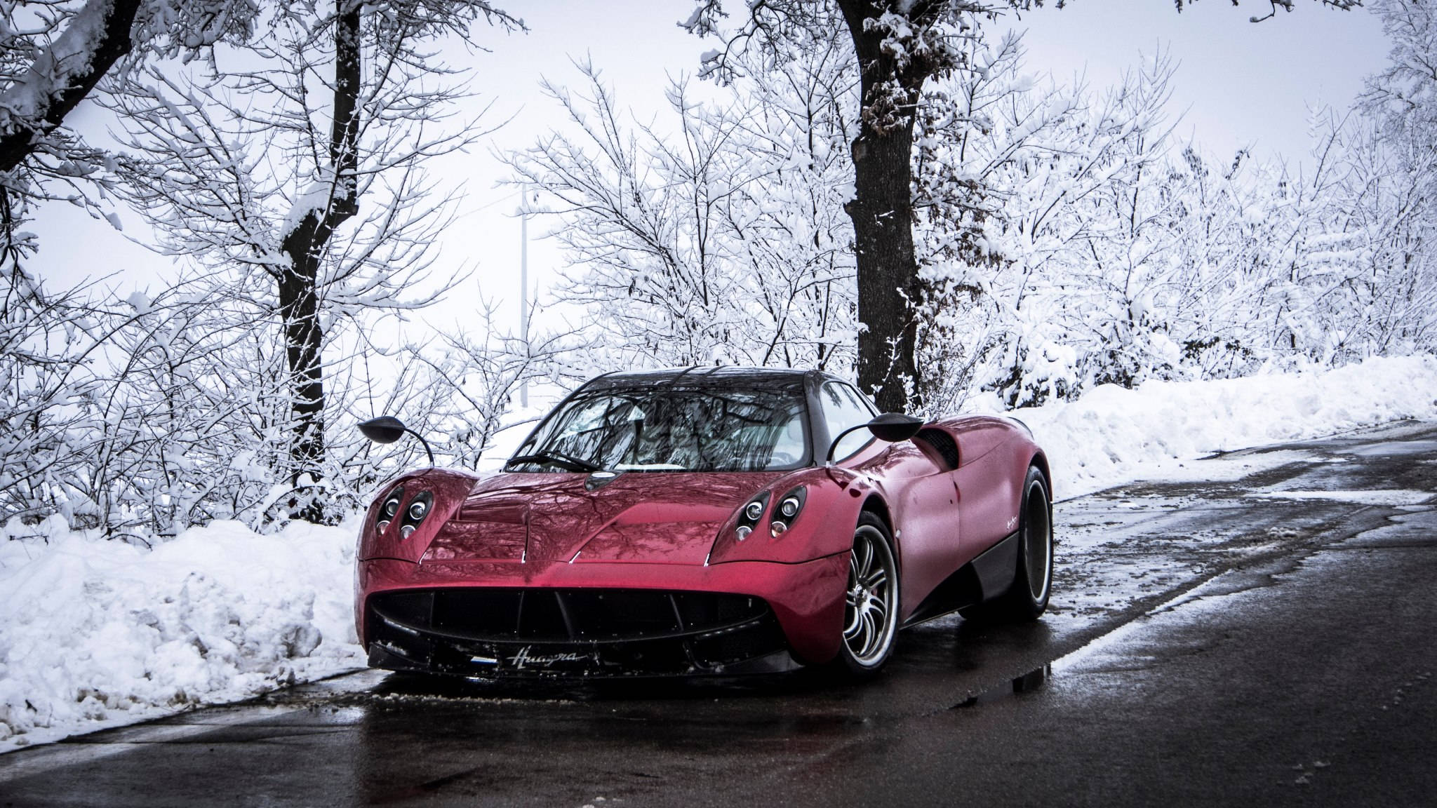Pagani Huayra, glossy red, snowy roadside, Full HD Desktop Wallpaper
