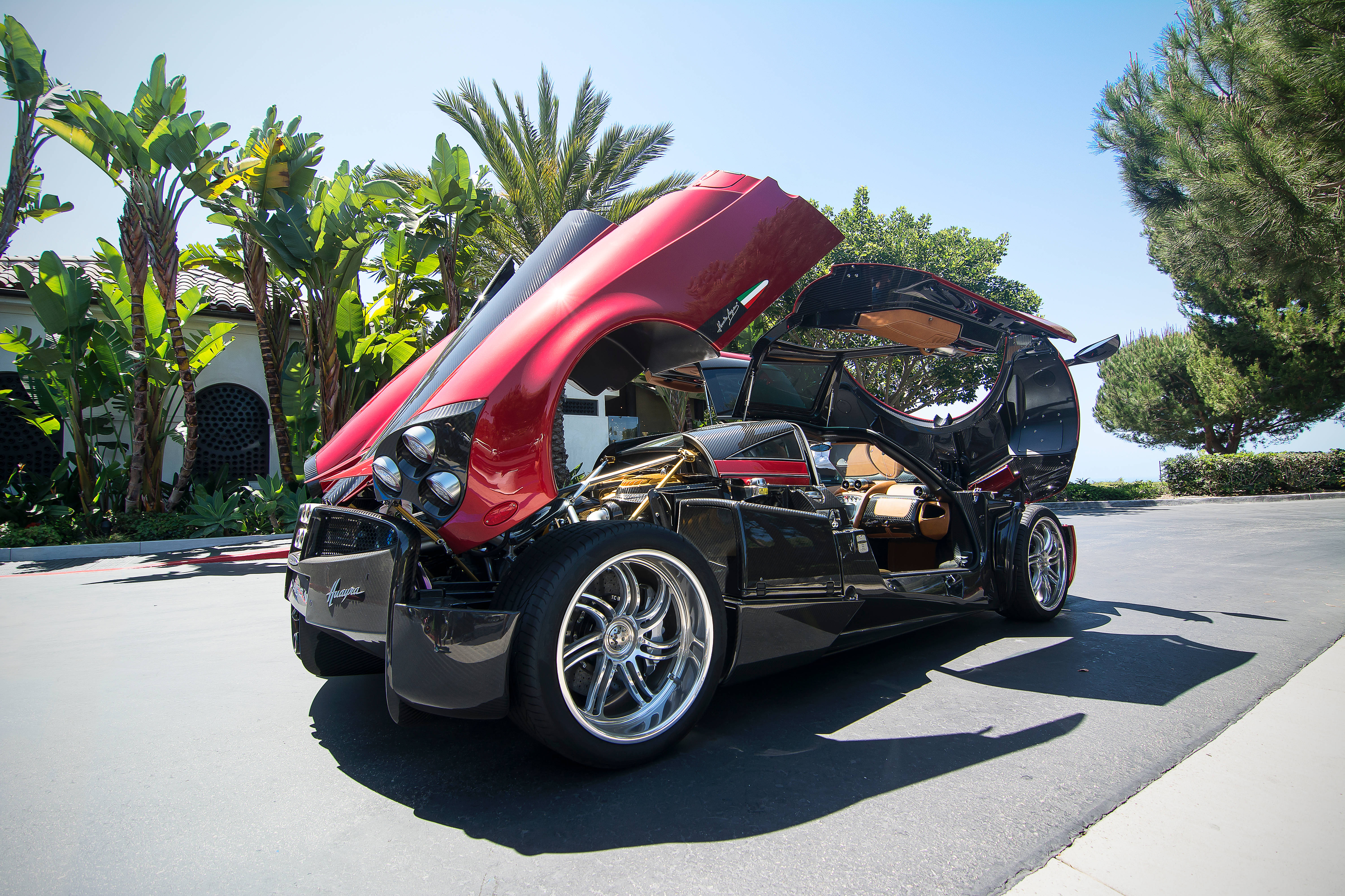 Pagani, red and black sports car, doors and hood open, 5K Desktop Wallpaper
