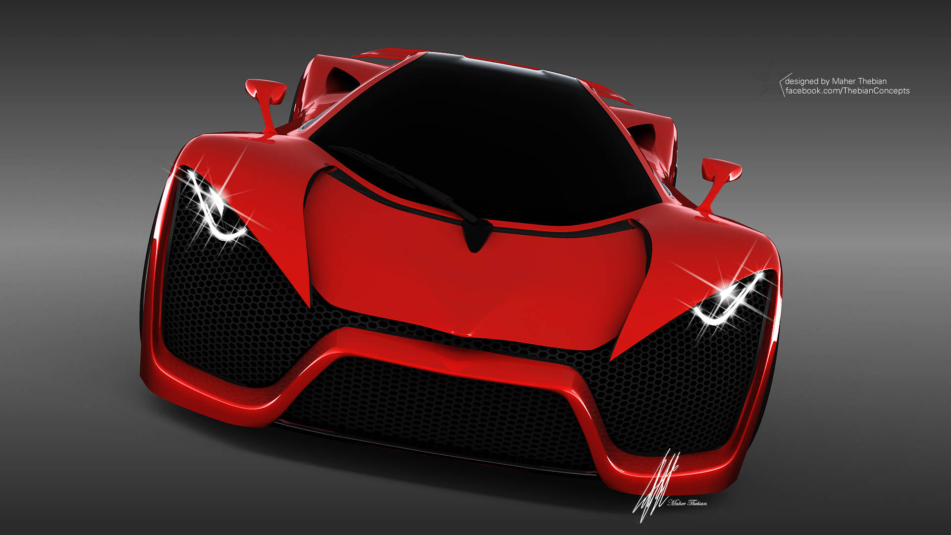 red Pagani, glowing headlights, black mesh grille, Full HD Desktop Wallpaper