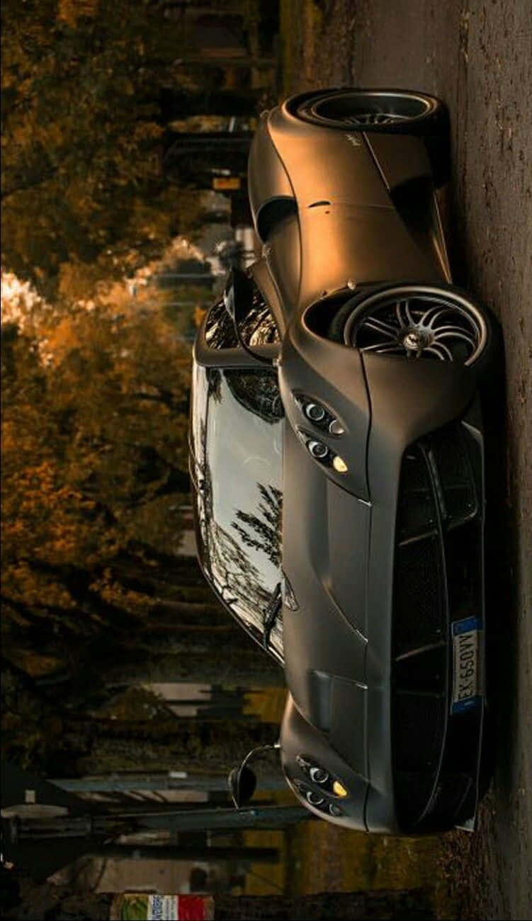 Pagani Zonda C12 Roadster, matte gray, tree-lined street, HD Phone Wallpaper