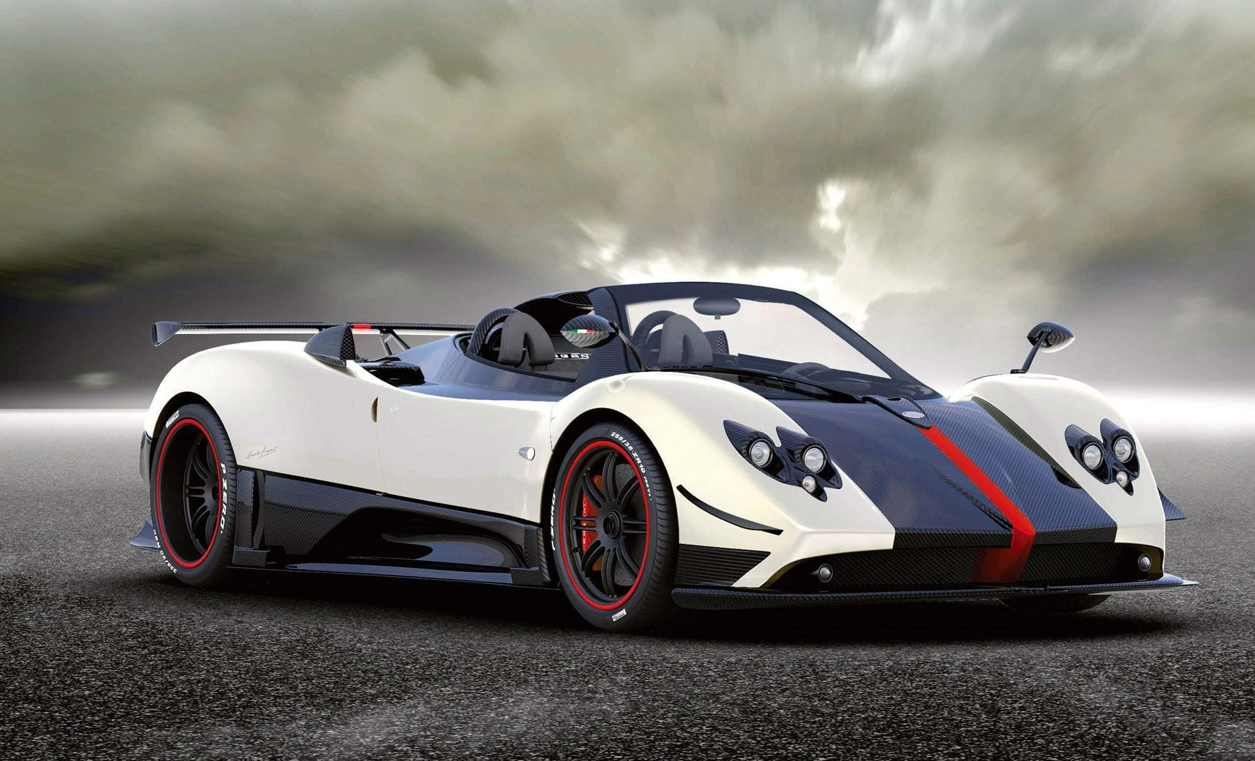 Pagani Zonda F, white and black, red accents, 2K Desktop Wallpaper