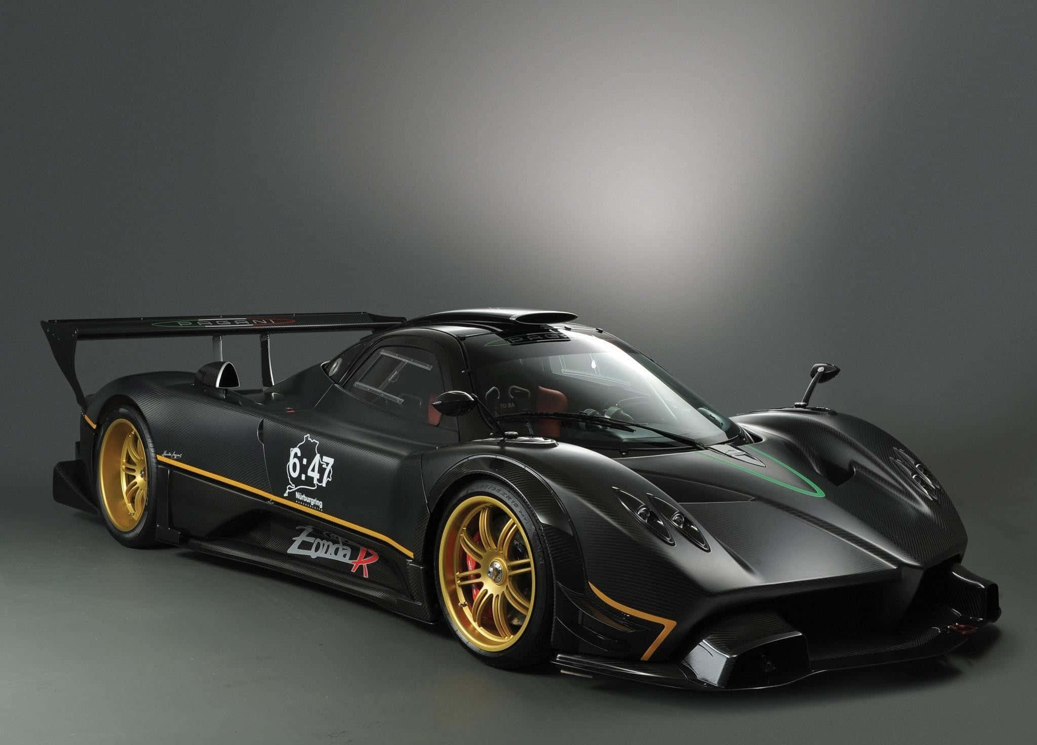 Pagani Zonda R, matte black, gold wheels, Full HD Desktop Wallpaper