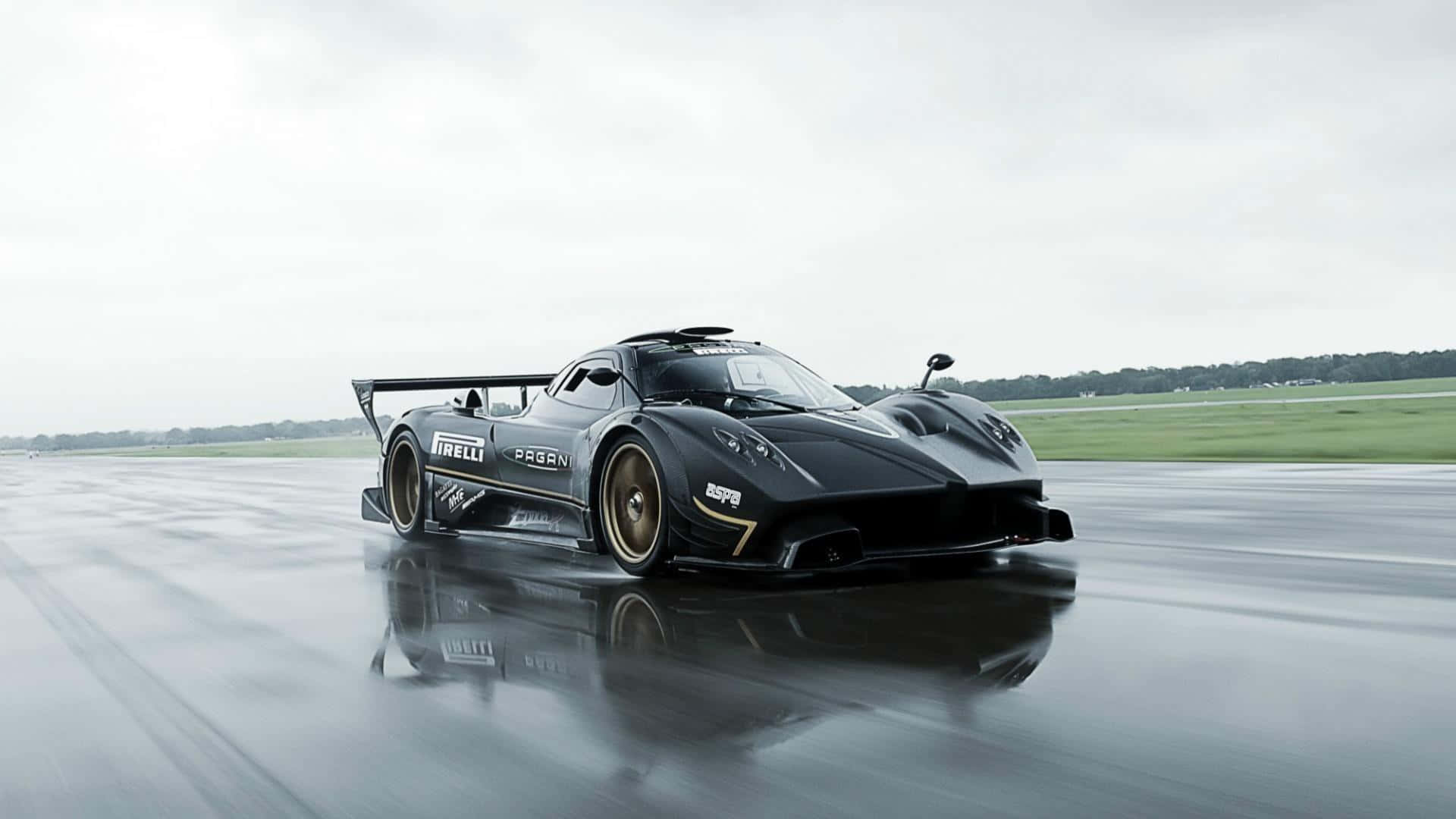 Pagani Zonda R, black, wet asphalt track, Full HD Desktop Wallpaper