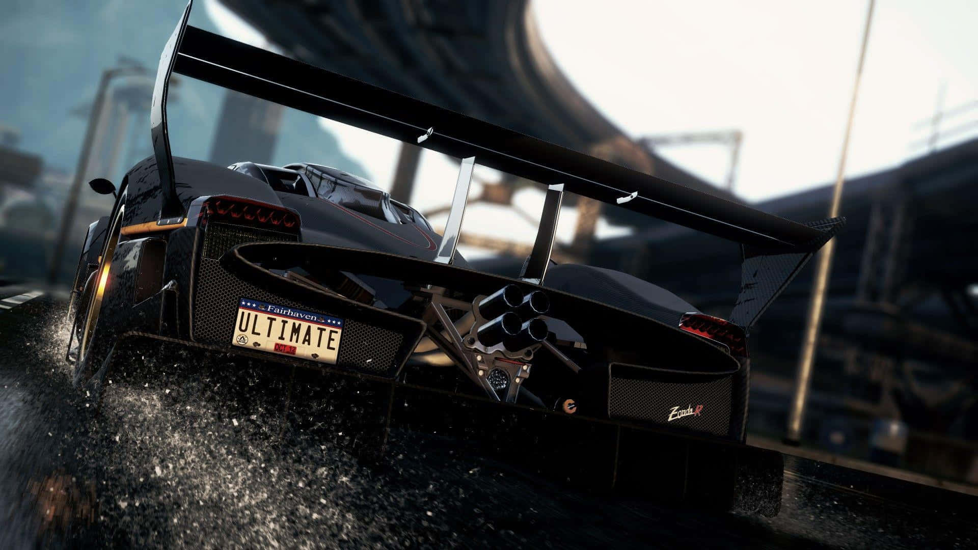 Pagani Zonda R, black, massive wing, Full HD Desktop Wallpaper
