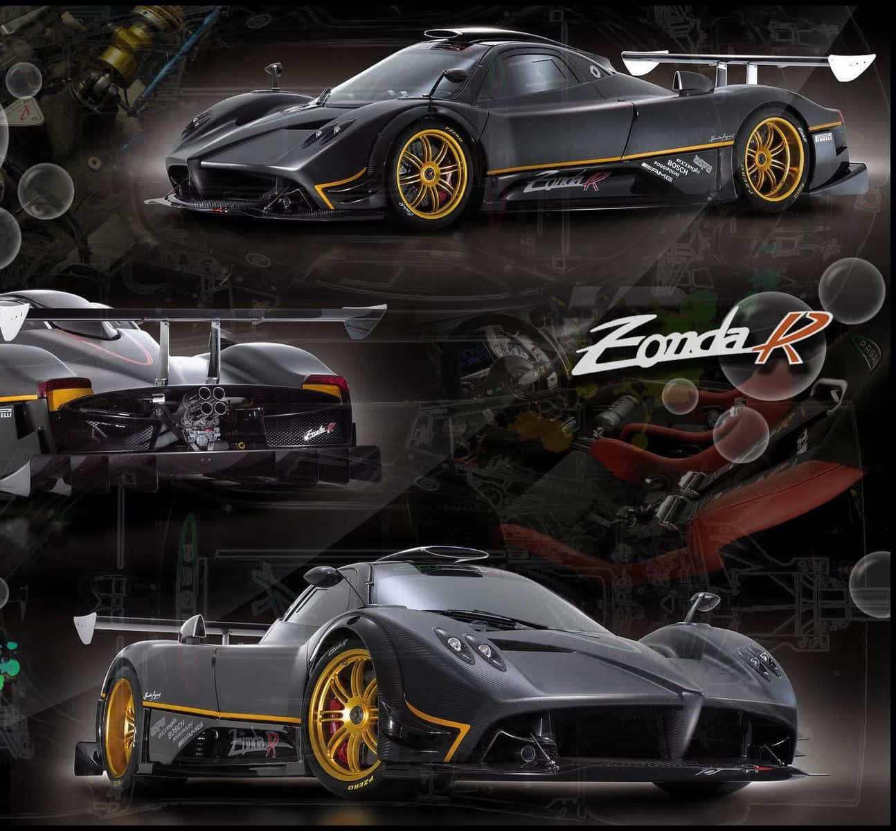 Pagani Zonda R, sleek black, gold accents, HD Desktop Wallpaper
