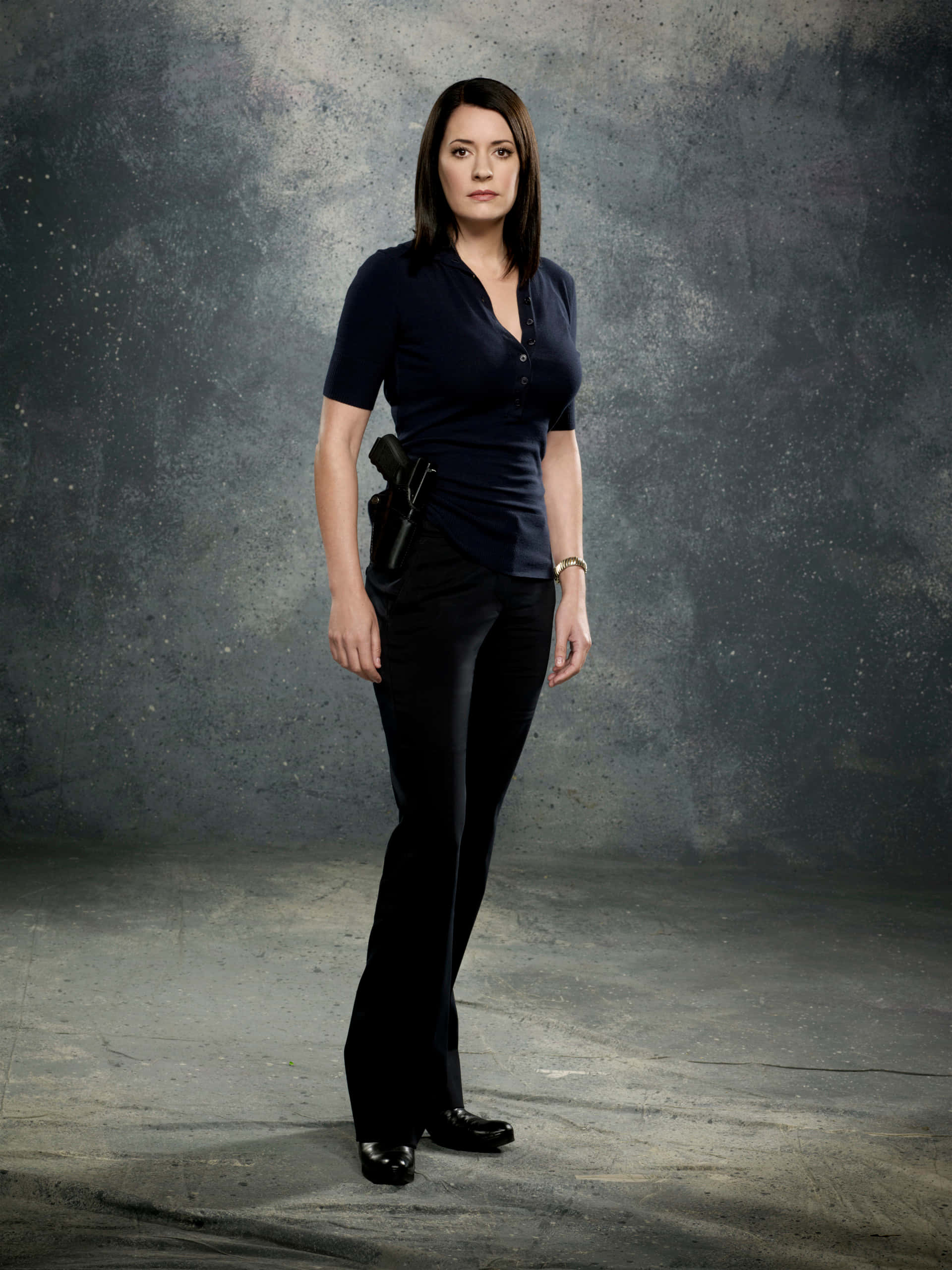 Paget Brewster, dark uniform, holstered gun, 2K Phone Wallpaper