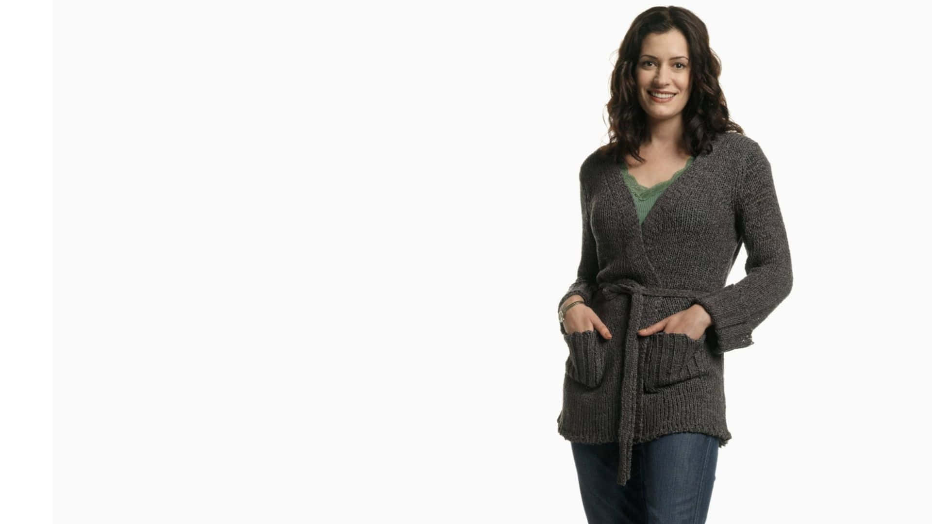 Paget Brewster, gray knit cardigan, pockets, Full HD Desktop Wallpaper