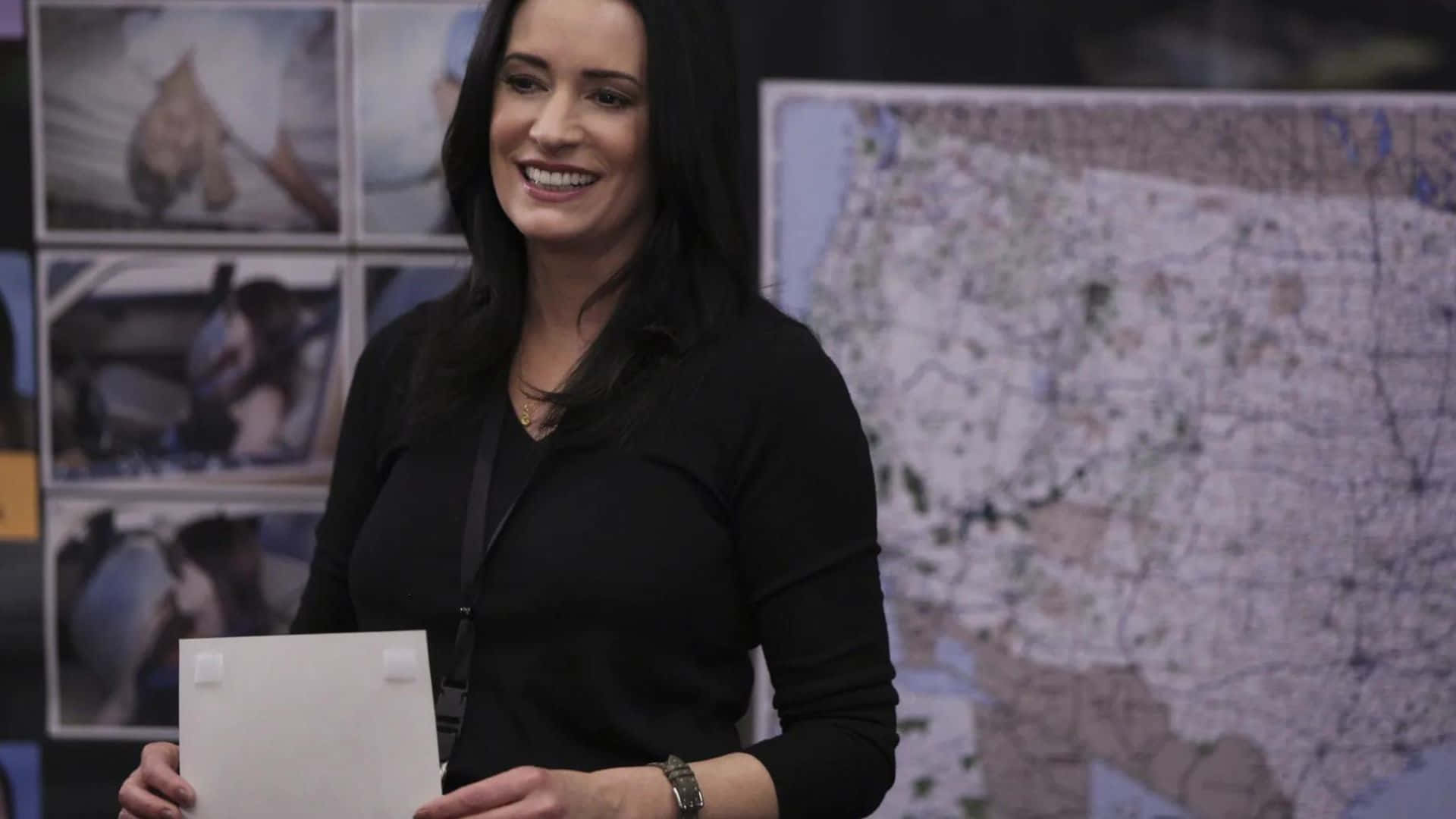 Paget Brewster, black blazer, white folder, Full HD Desktop Wallpaper