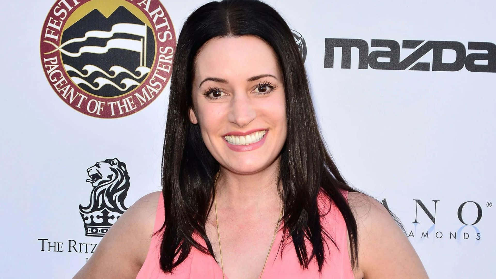 Paget Brewster, pink top, branded event backdrop, Full HD Desktop Wallpaper